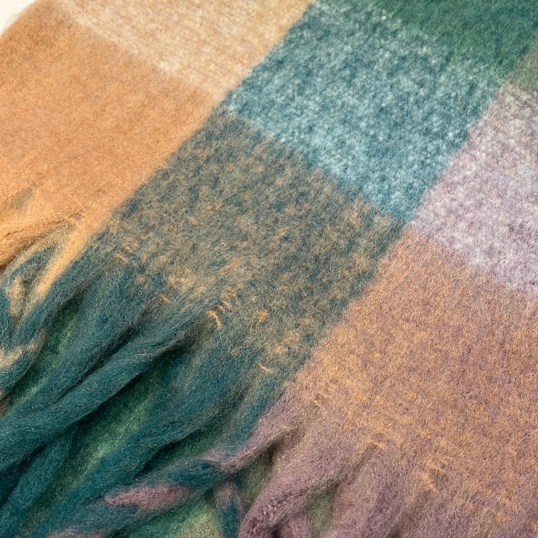 Mauve & Teal Plaid Long Luxe Scarf w/Fringe