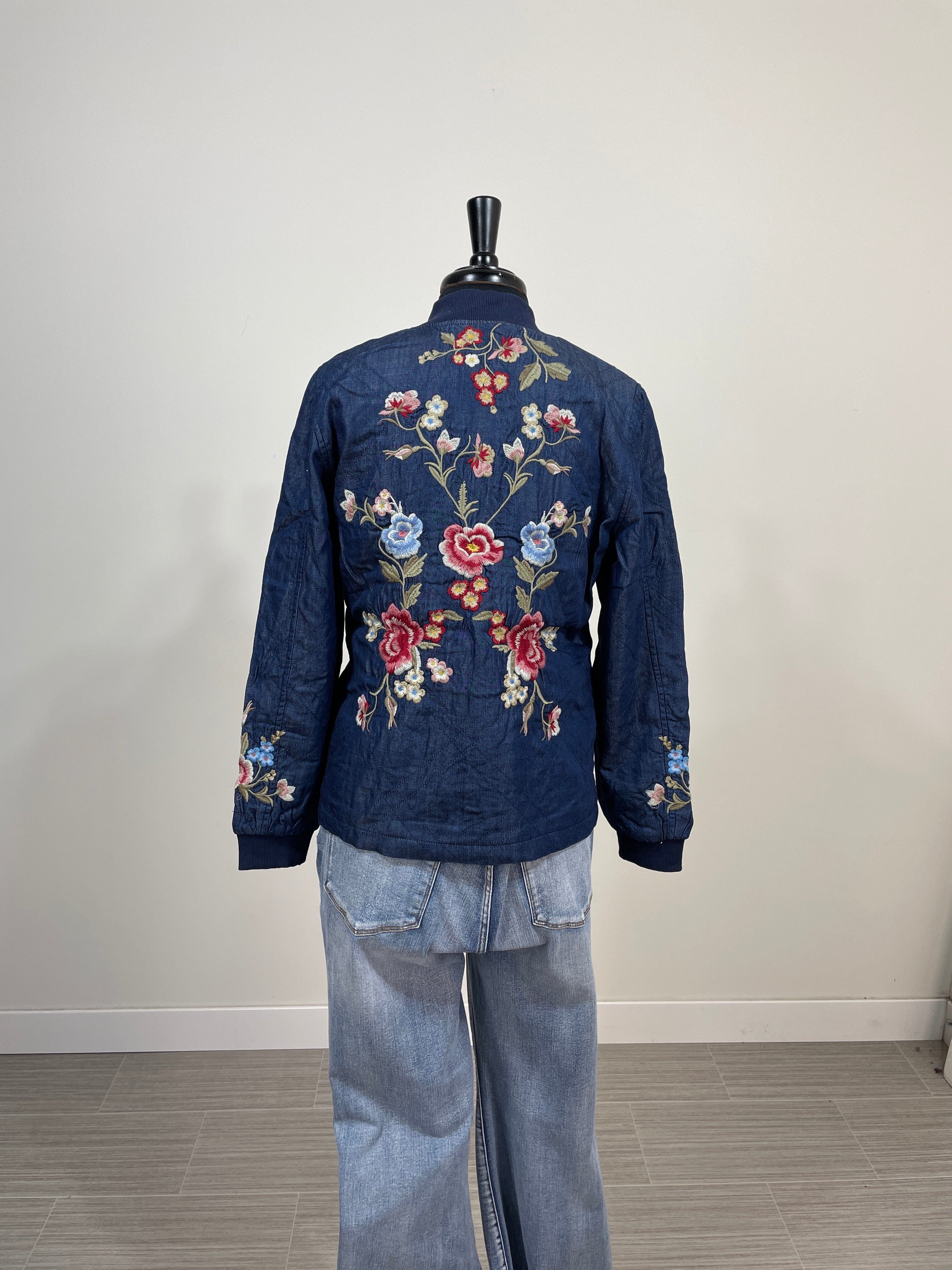 Navy Denim Floral Zipper Jacket