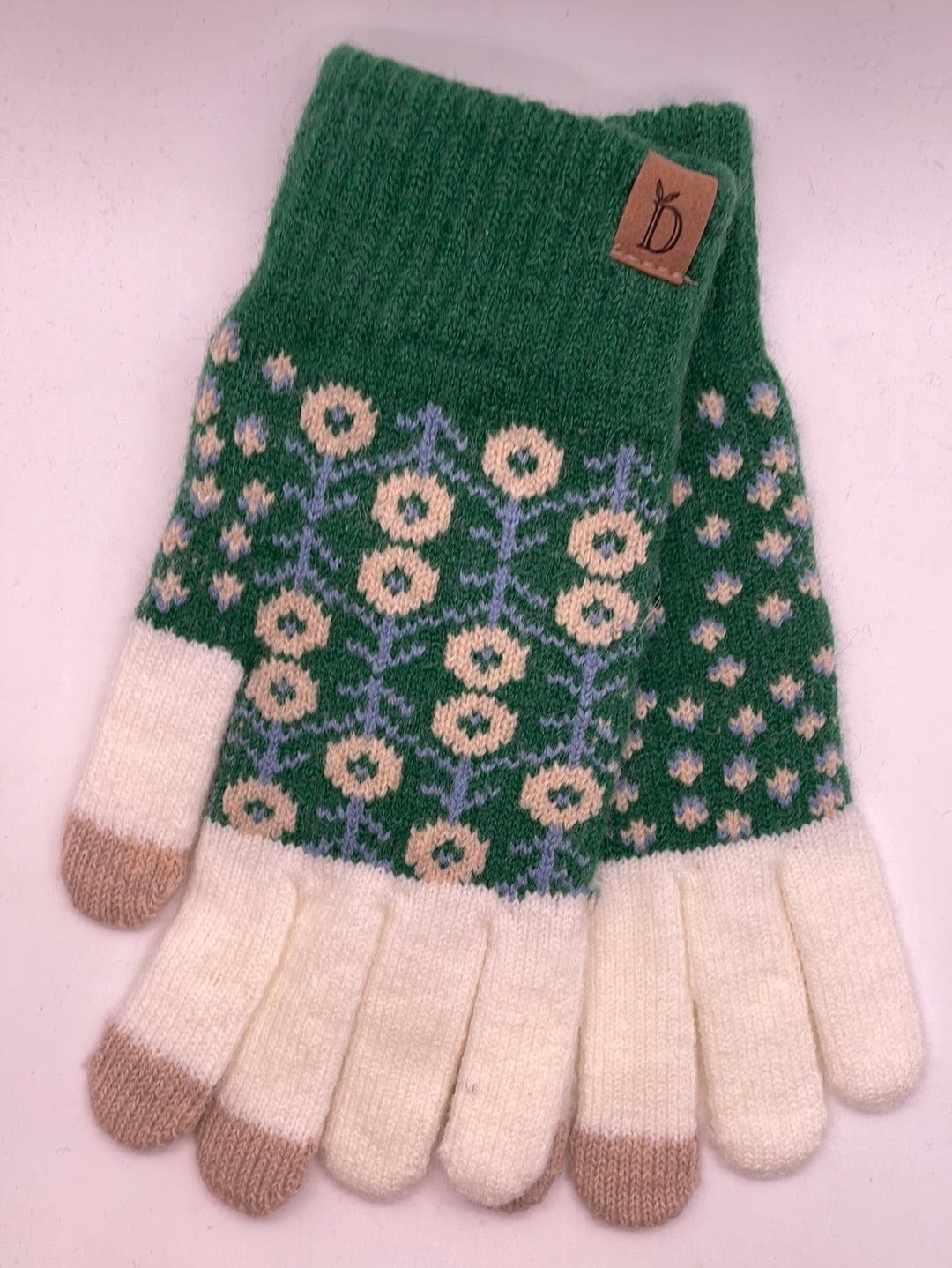 Green Floral Pattern Knit Gloves