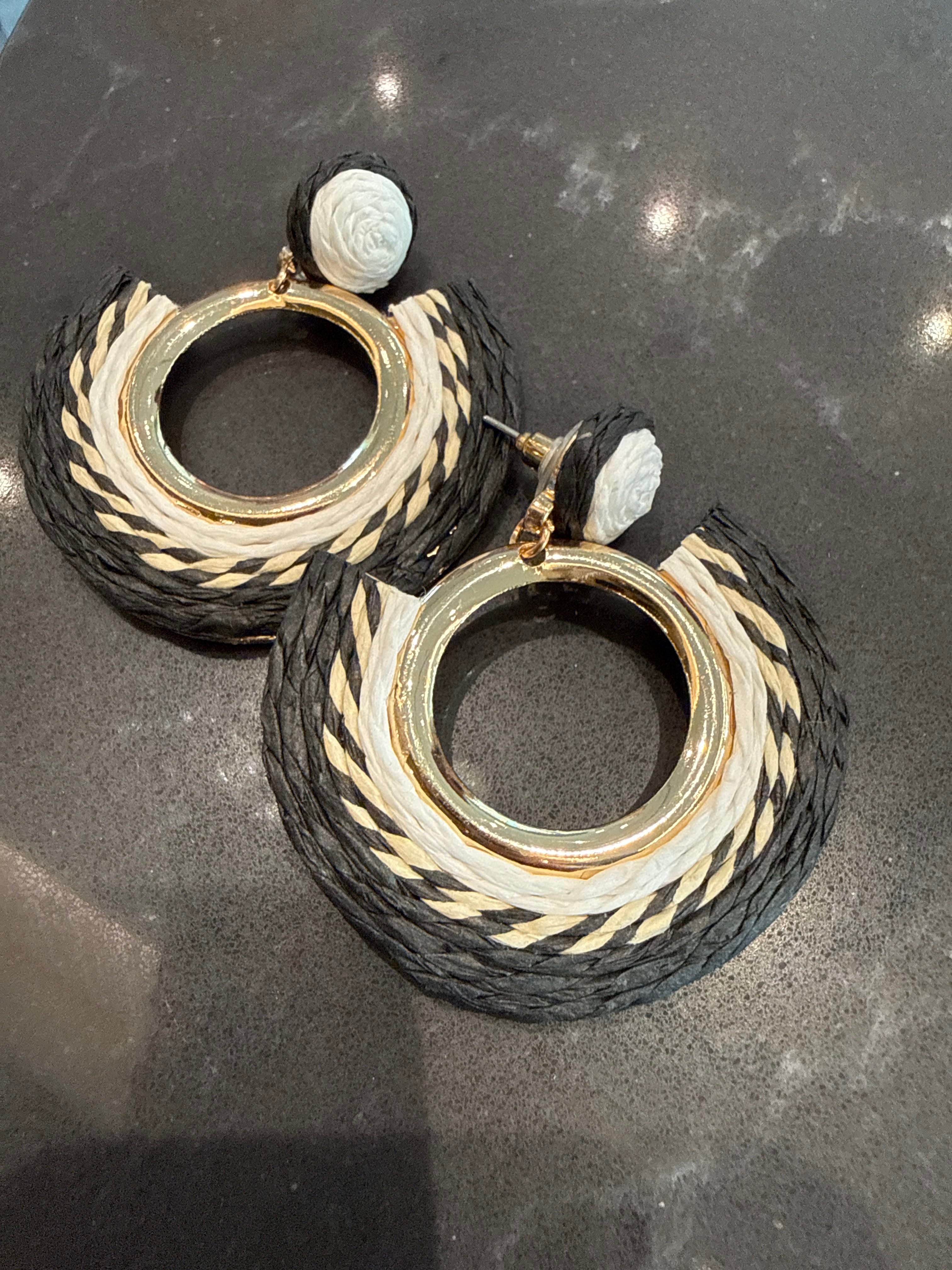 Gold Black & White Rafia Circle Earring