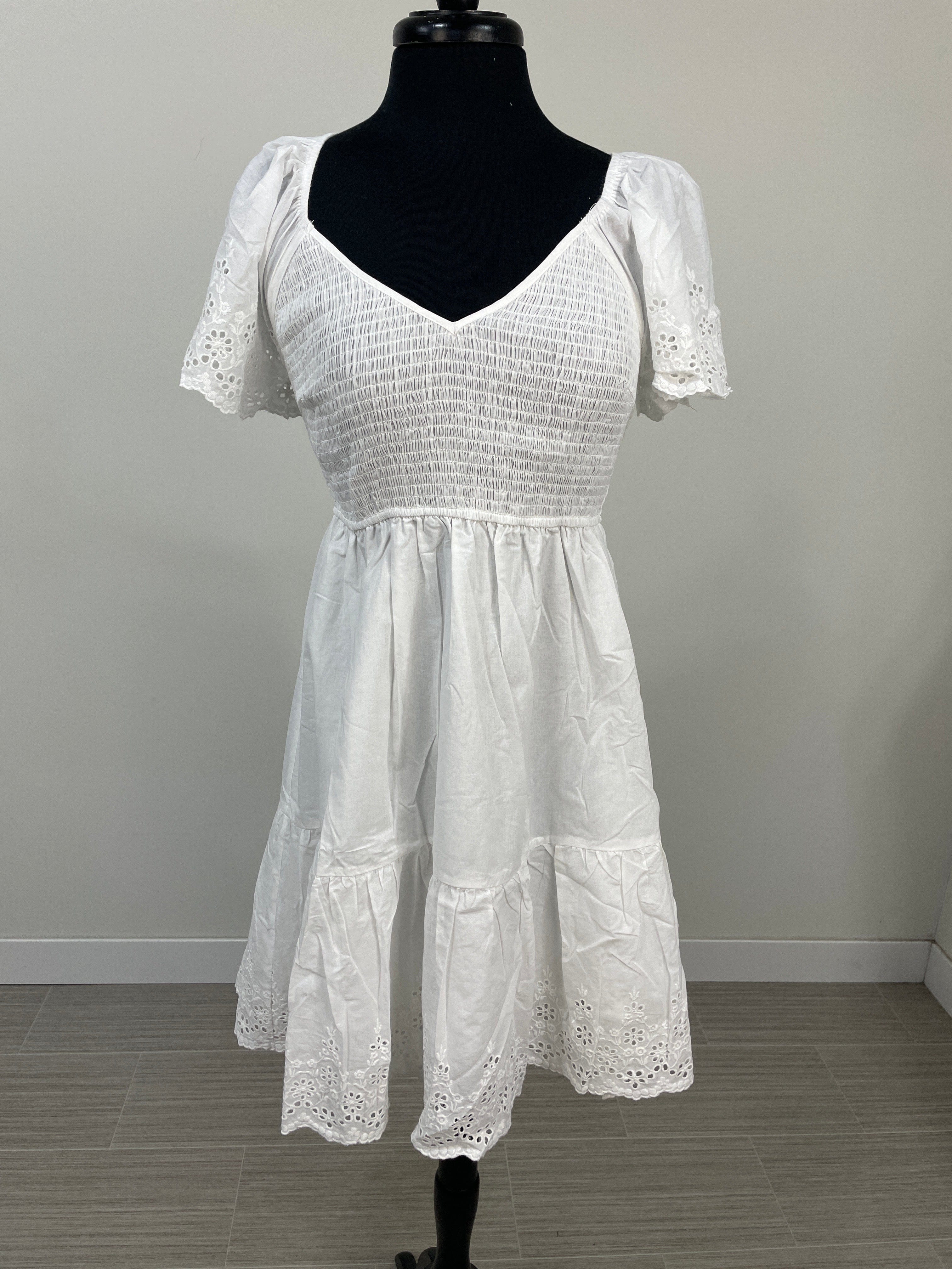 White Smocked Eyelet Tiered Babydoll Dress