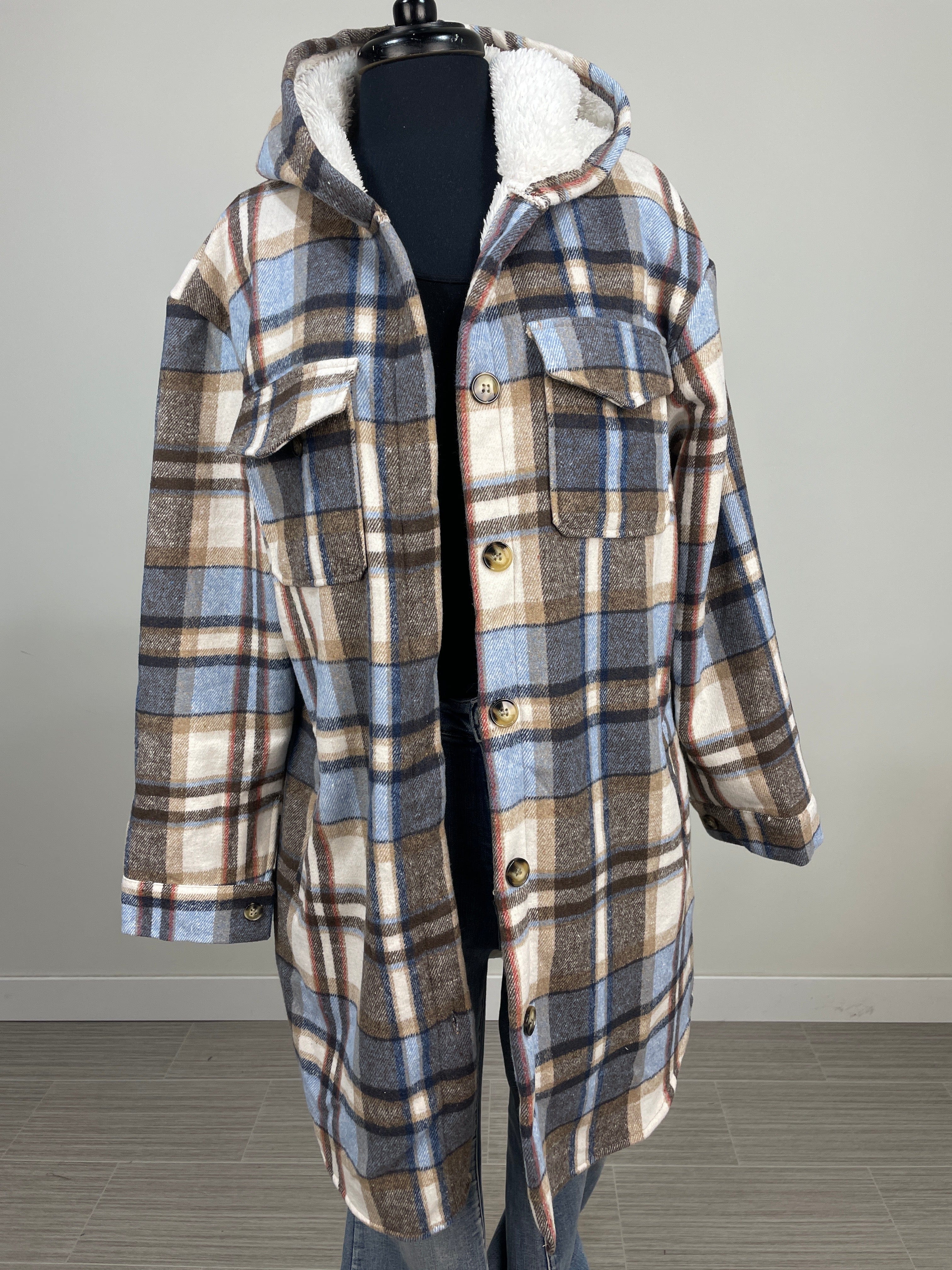 Light Blue & Brown Sherpa Lined Shacket