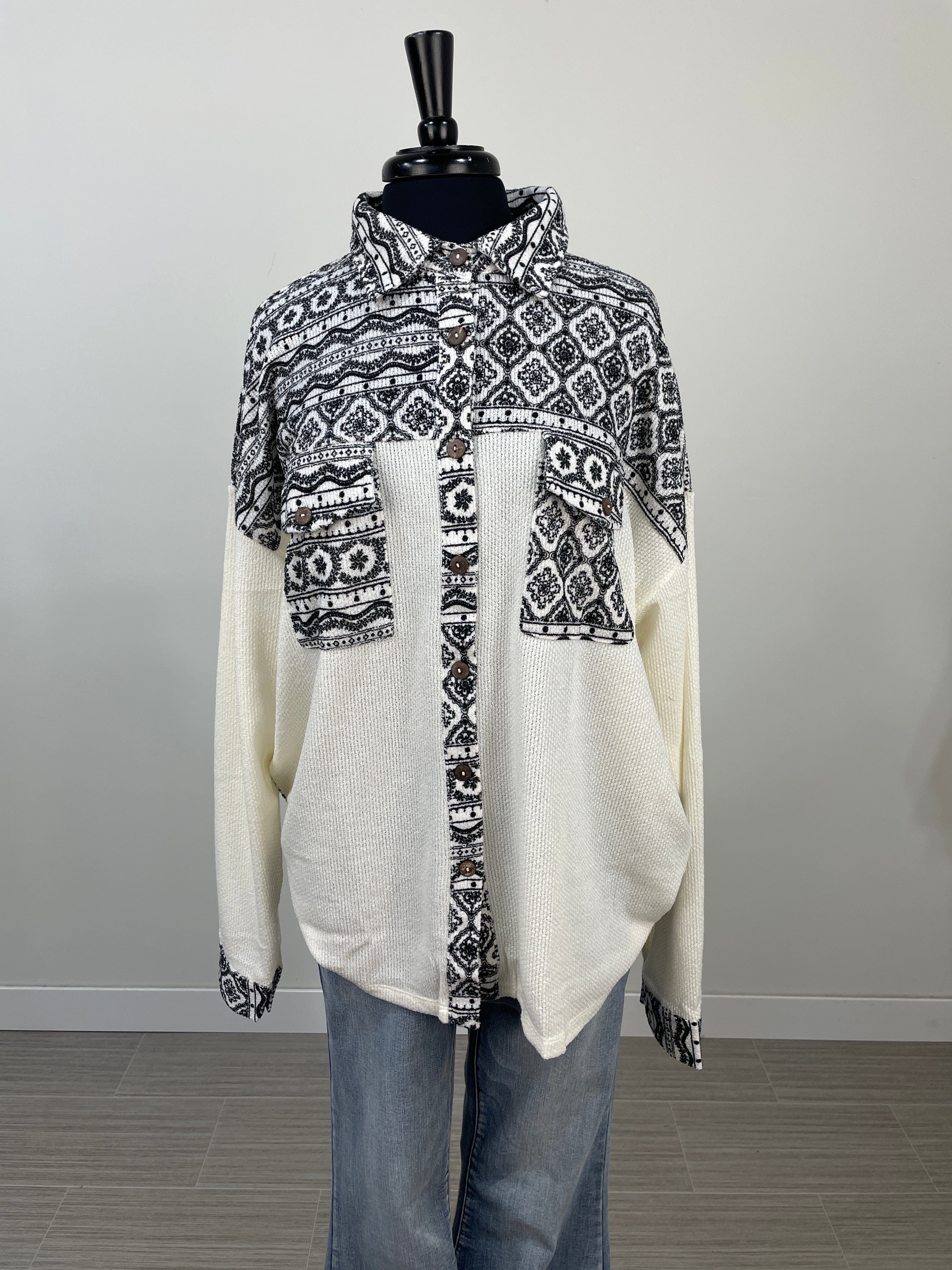 Ivory Multi Print Front Pocket Button Closure Top