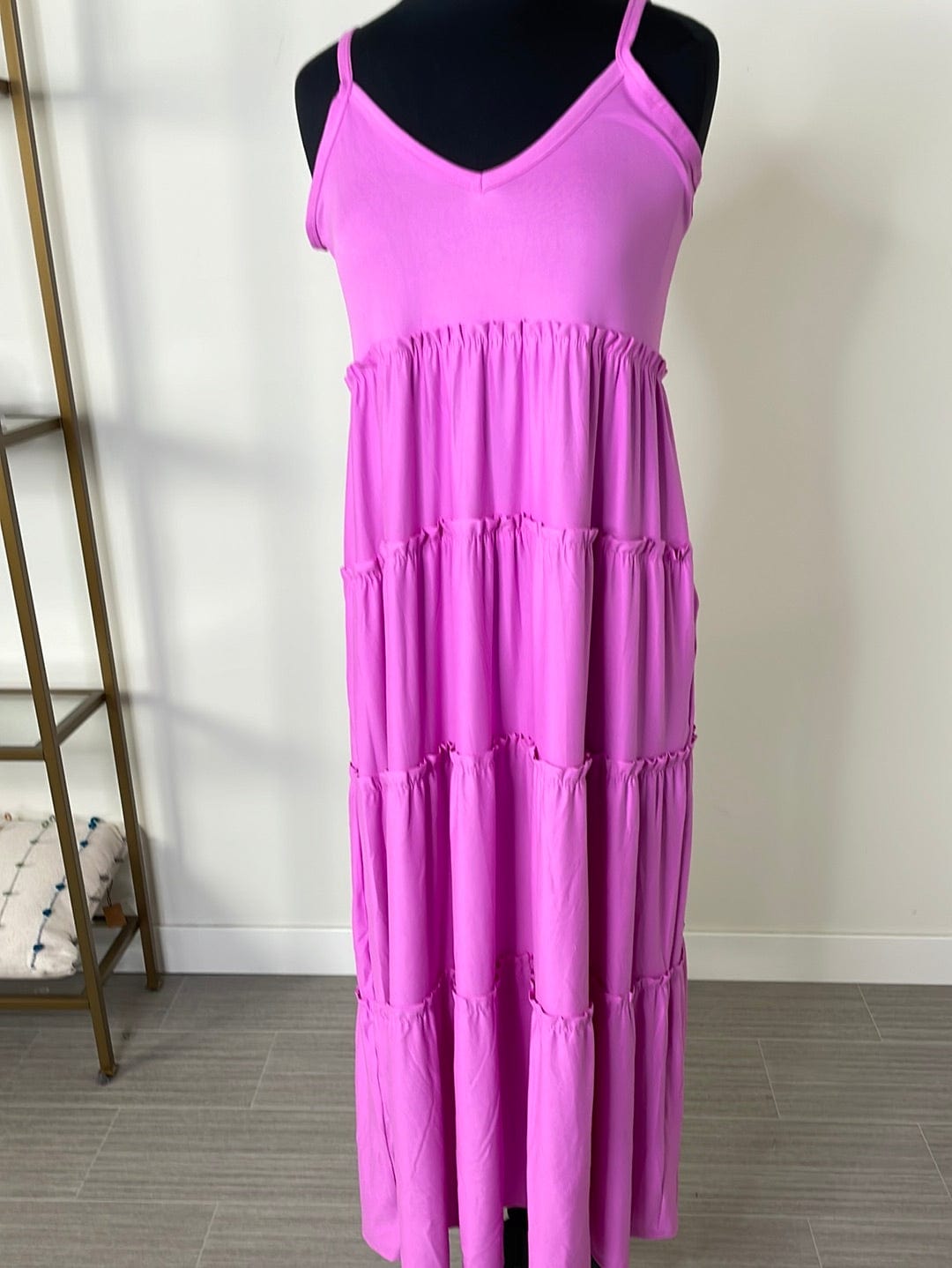 Bright Mauve Spaghetti Strap Tiered Dress