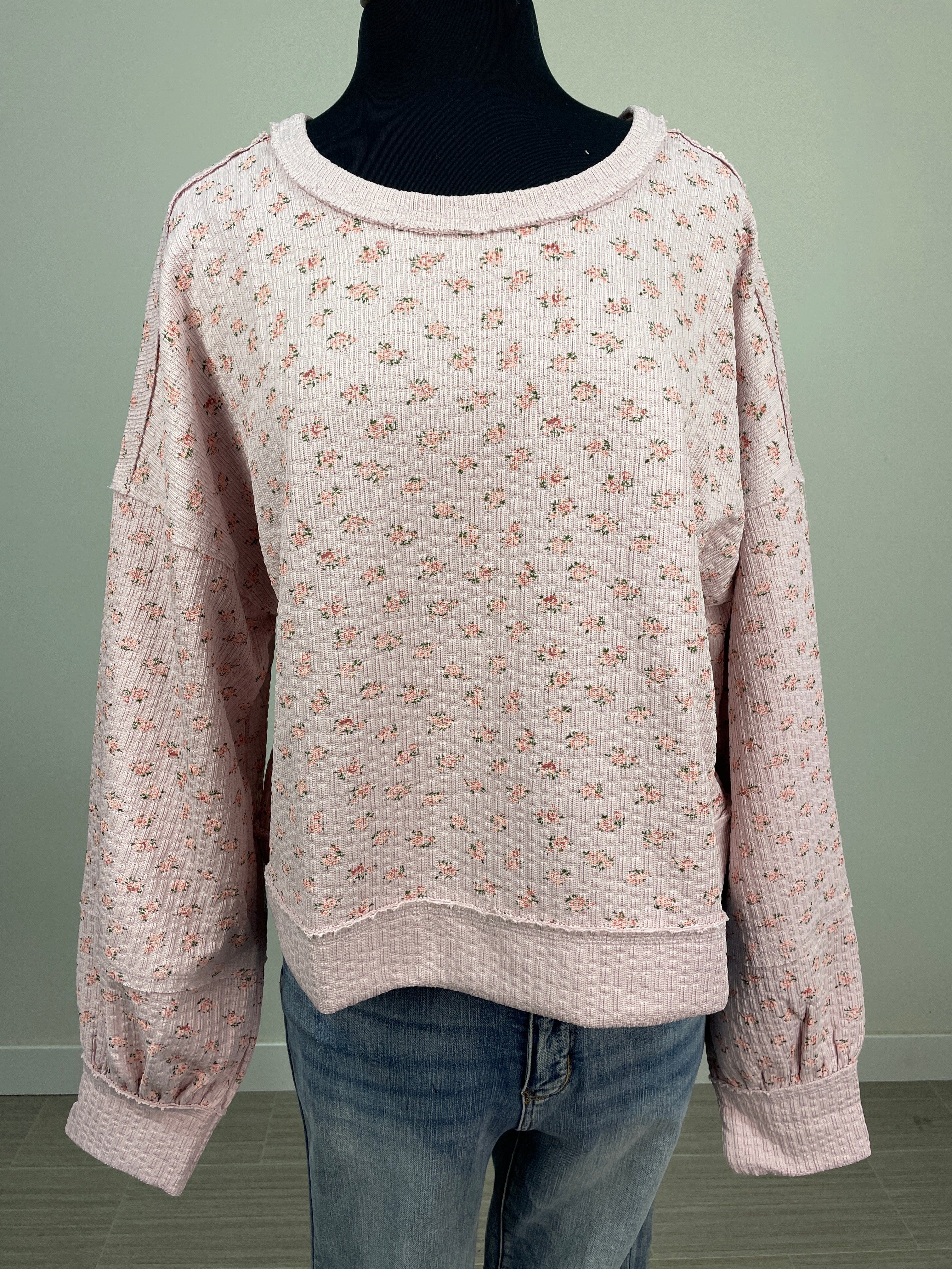 Blush with Pink Floral Detail Thermal Knit Top