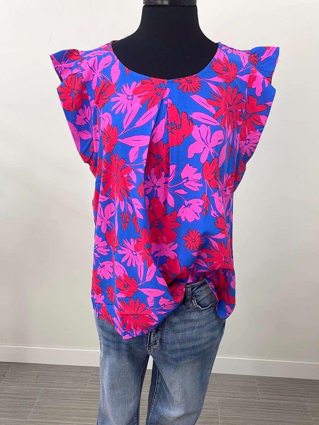 Royal Blouse With Red & Pink Flowers