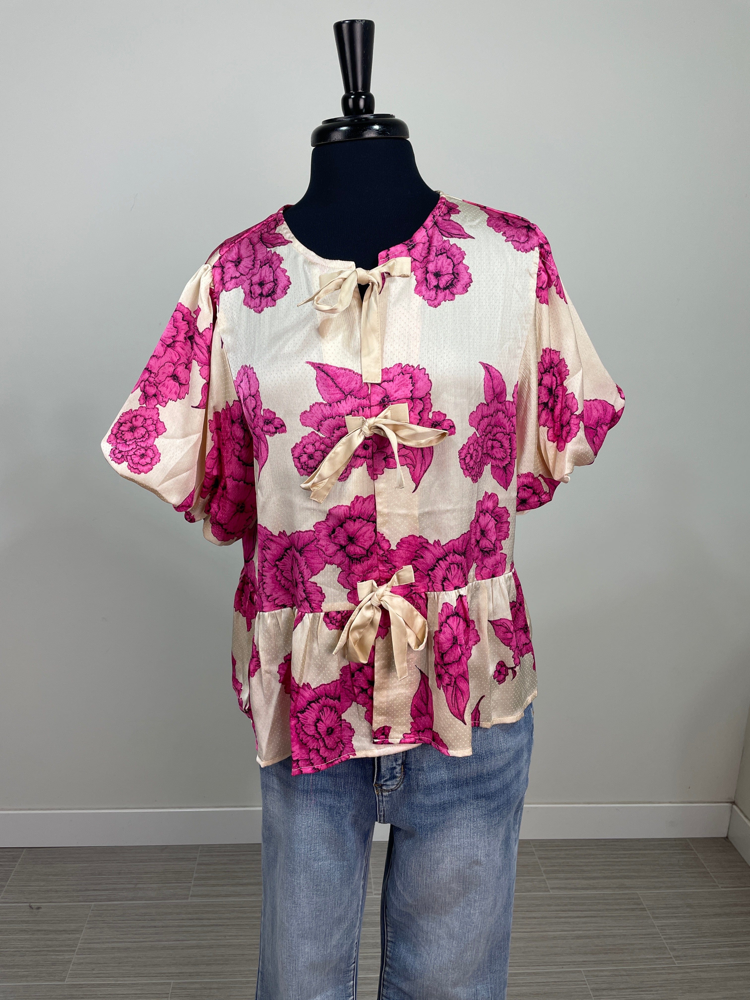 Pink Floral Tie Front Peplum