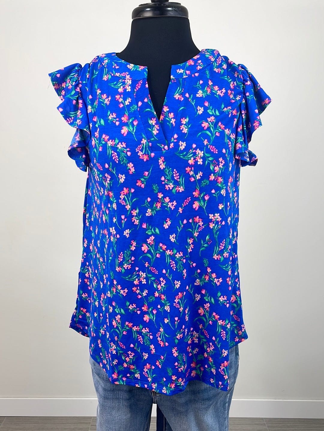 Blue Floating Floral Cap Ruffle Sleeve Top