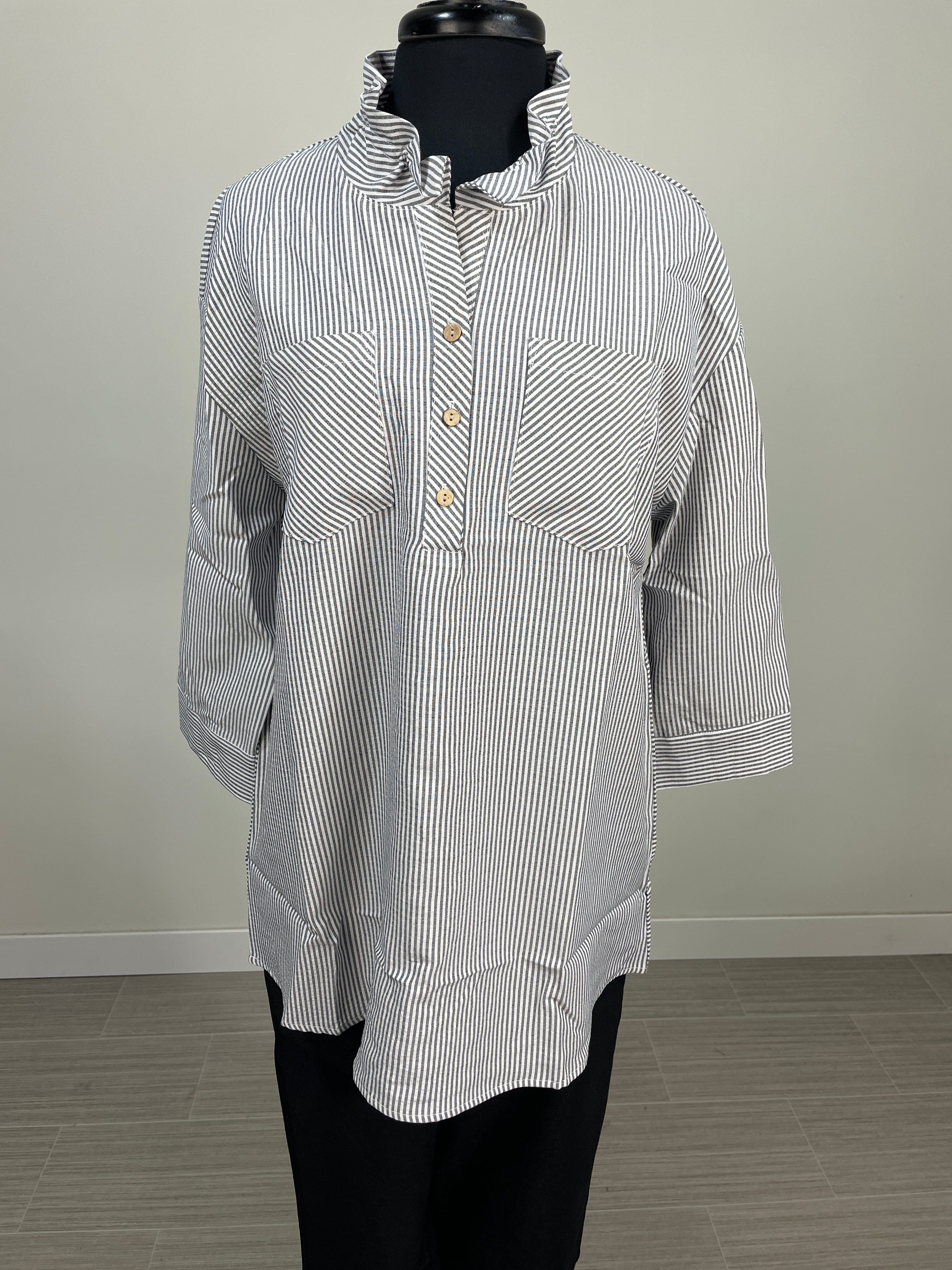 Black Stripe Button Up Wire Collar Blouse