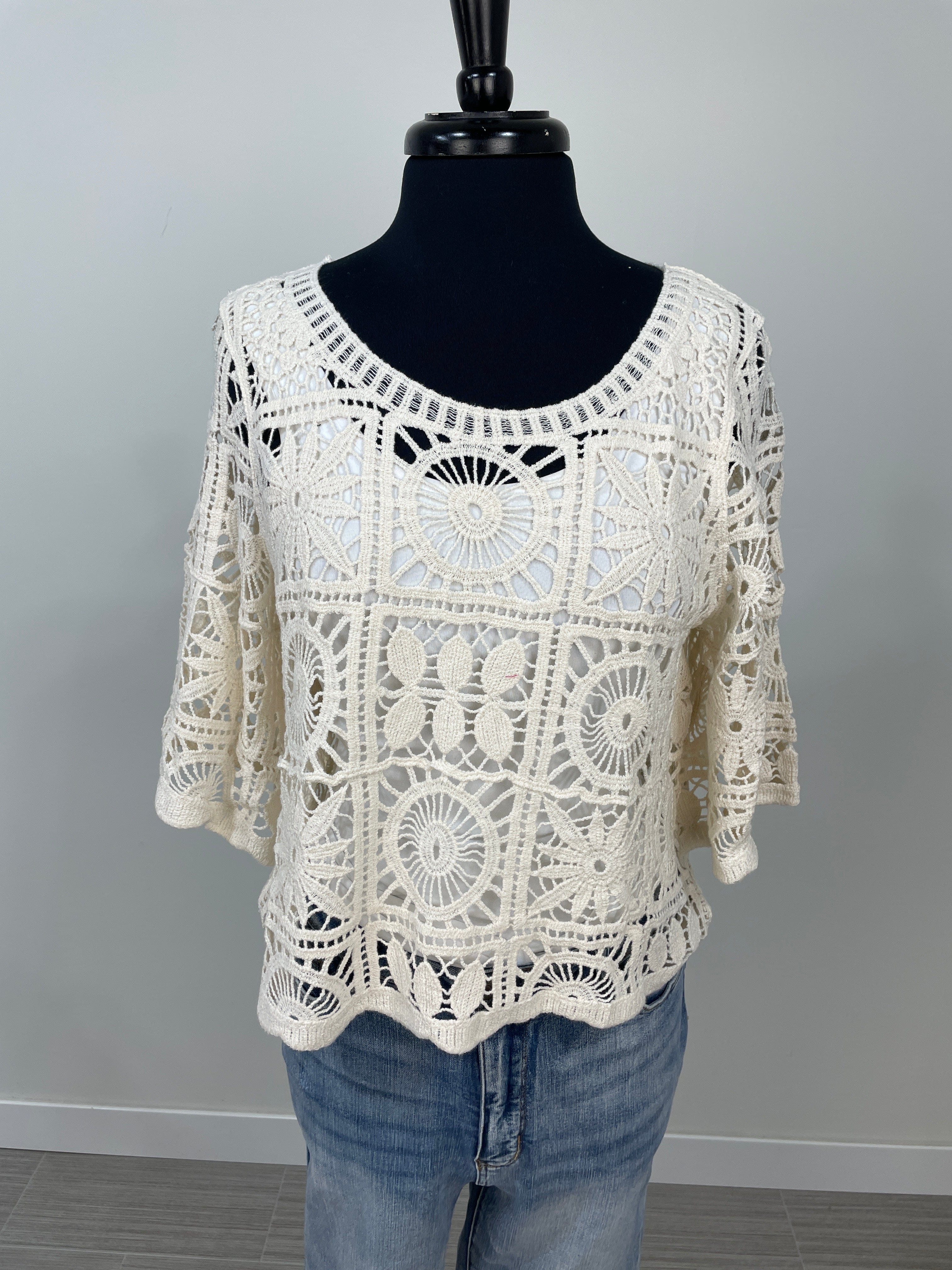 Cream Circle Crochet Flare Sleeve Top