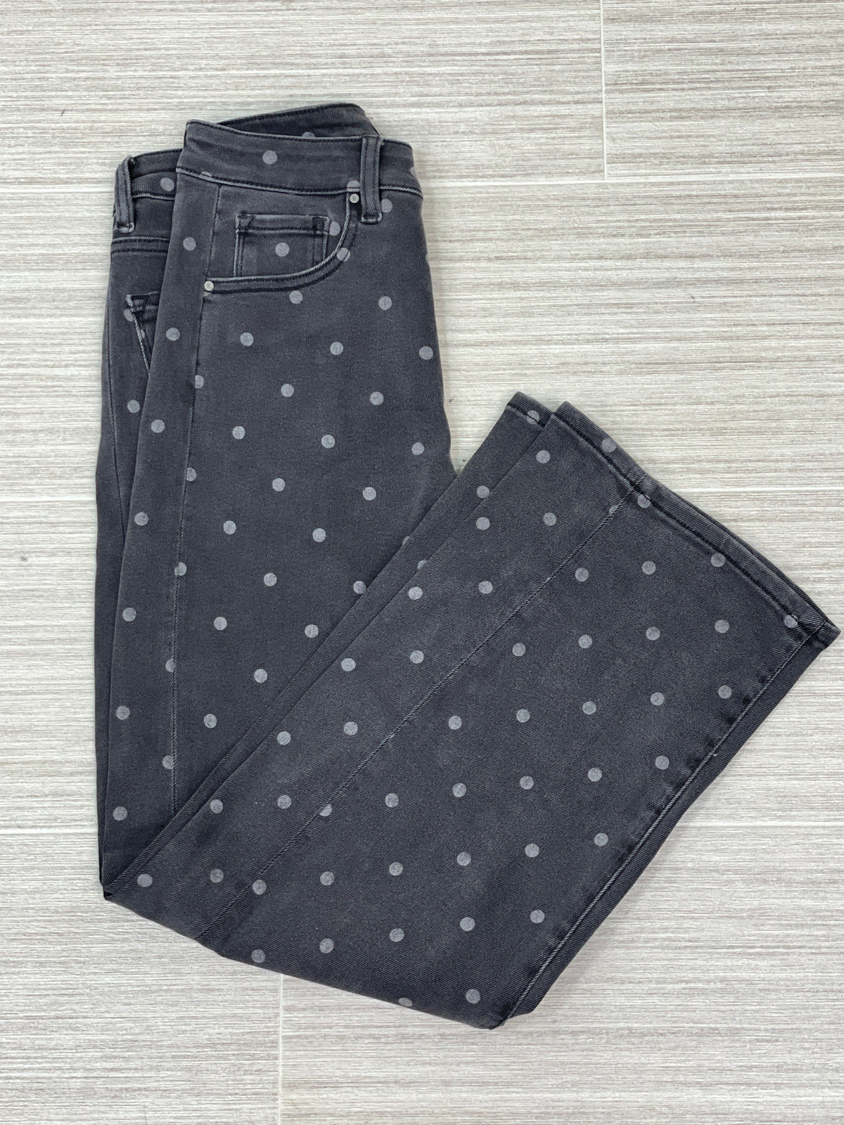 Grey Polka Dot High Rise Straight Ankle Denim