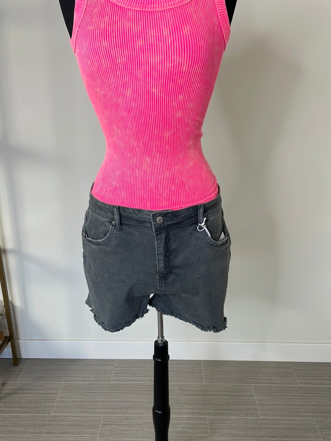 Ash Black Acid Washed Frayed Shorts