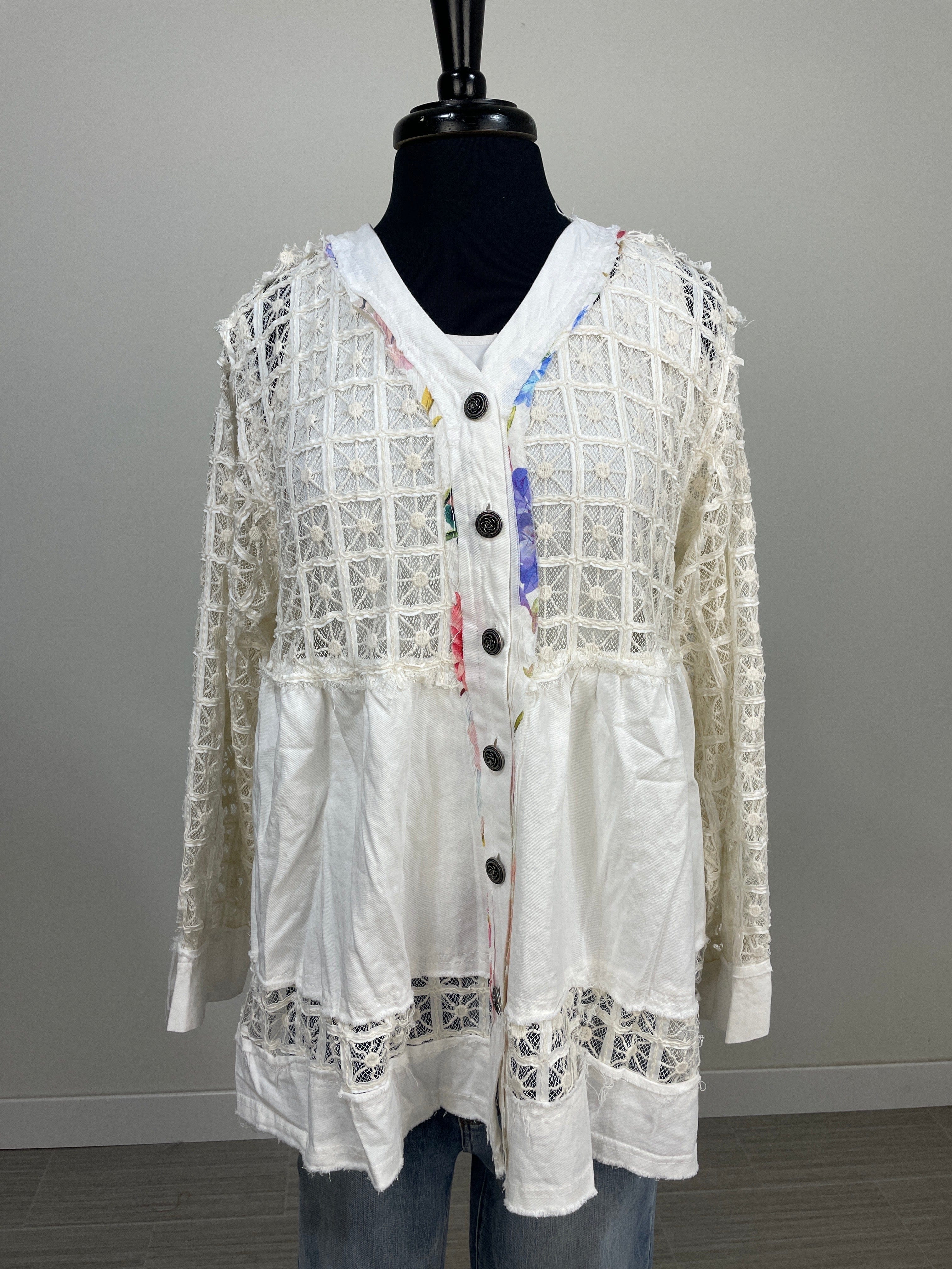 Off White Lace Detail Button Up Top