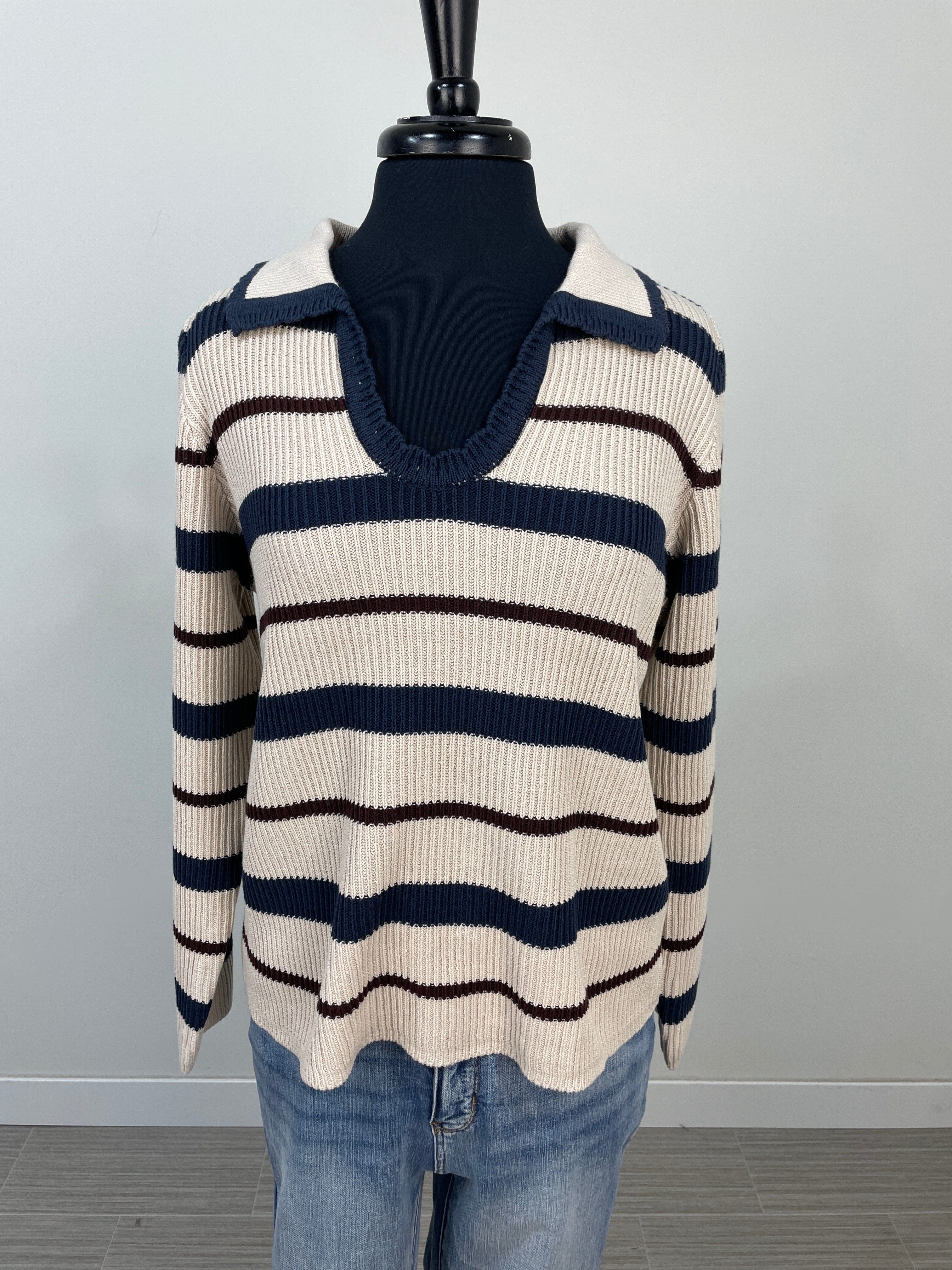 Navy Striped Ribbed Collared Sweater