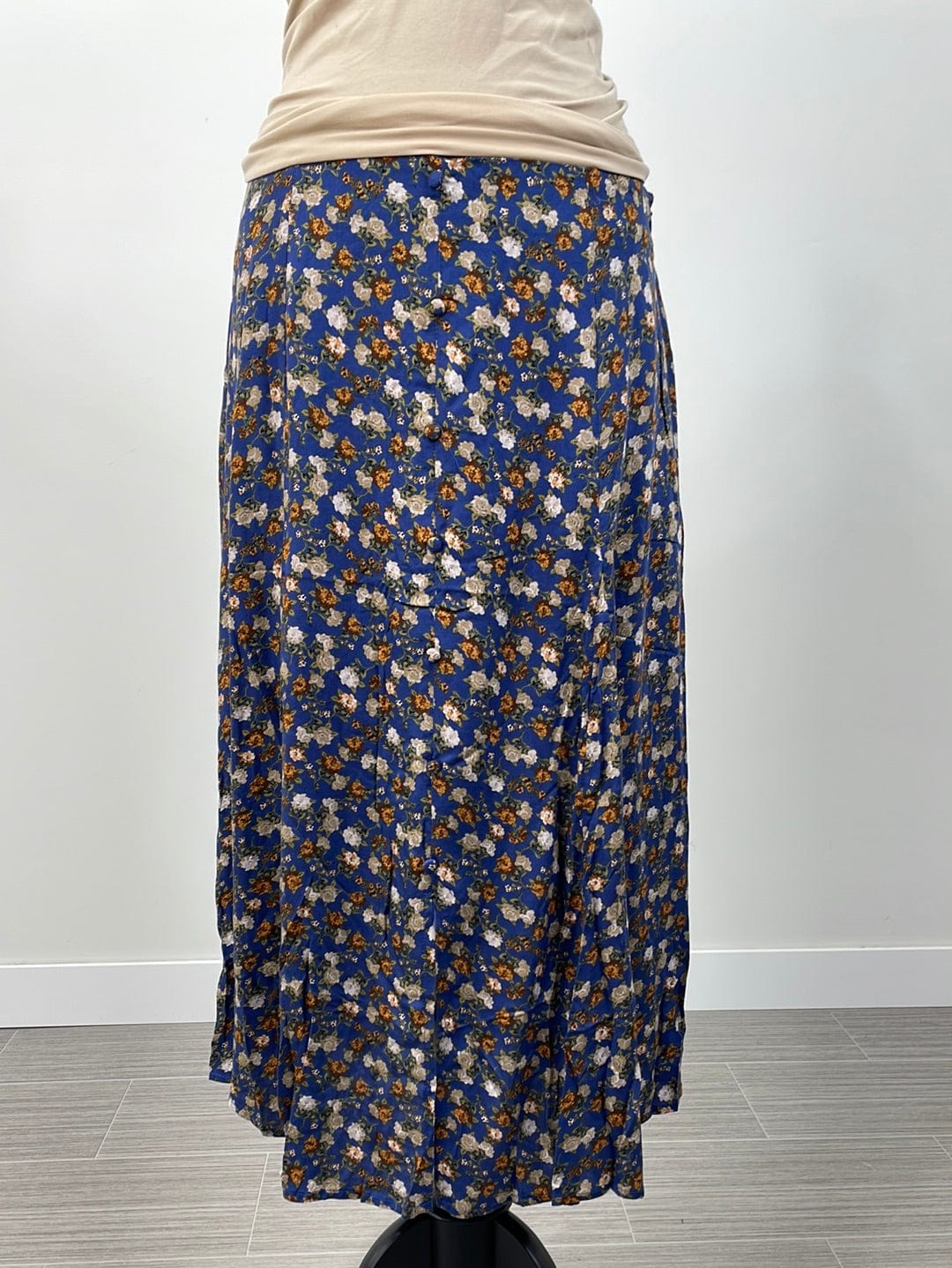 Navy Satin Floral Midi Skirt