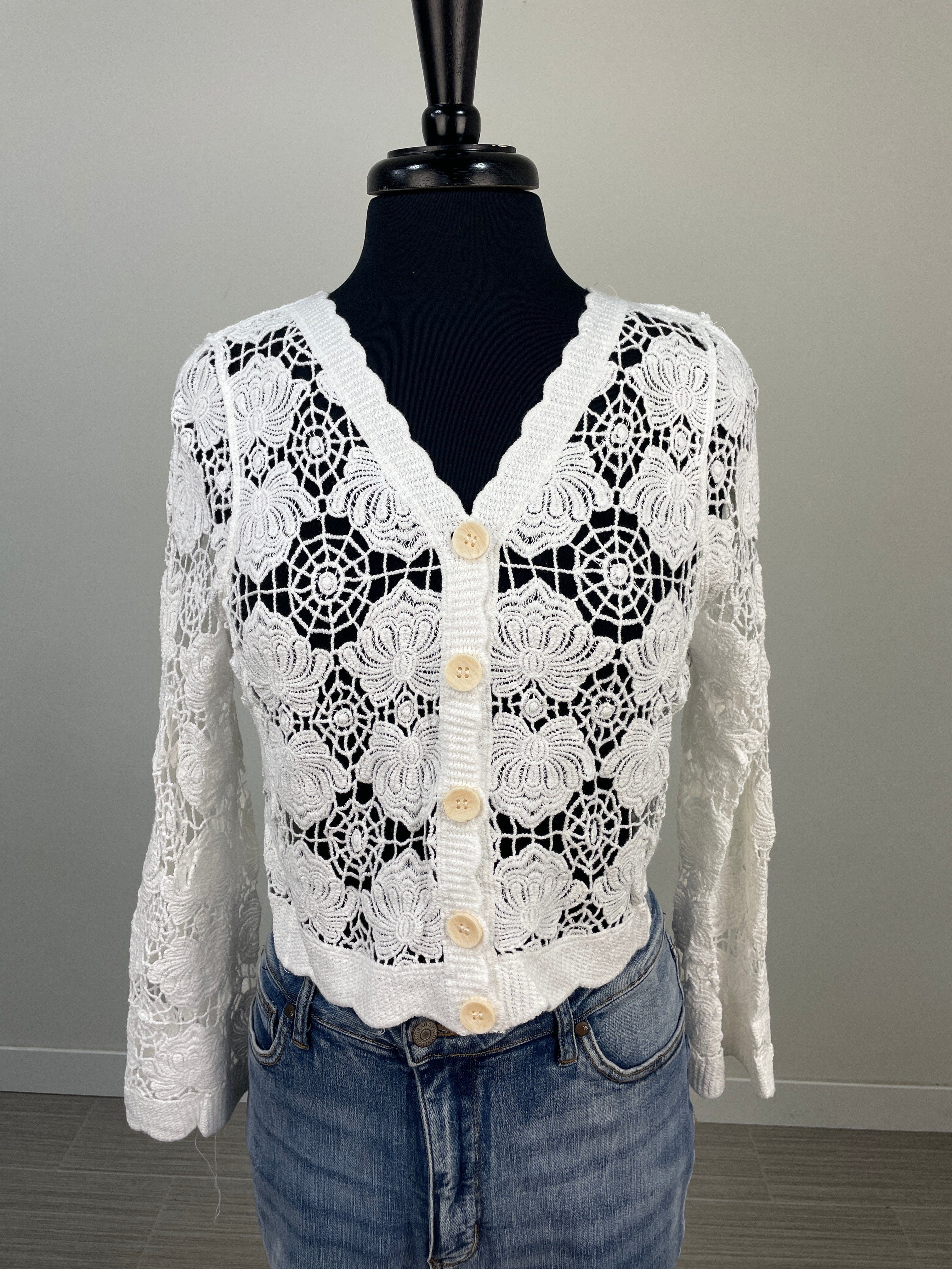 White Floral Crochet Button Cardigan