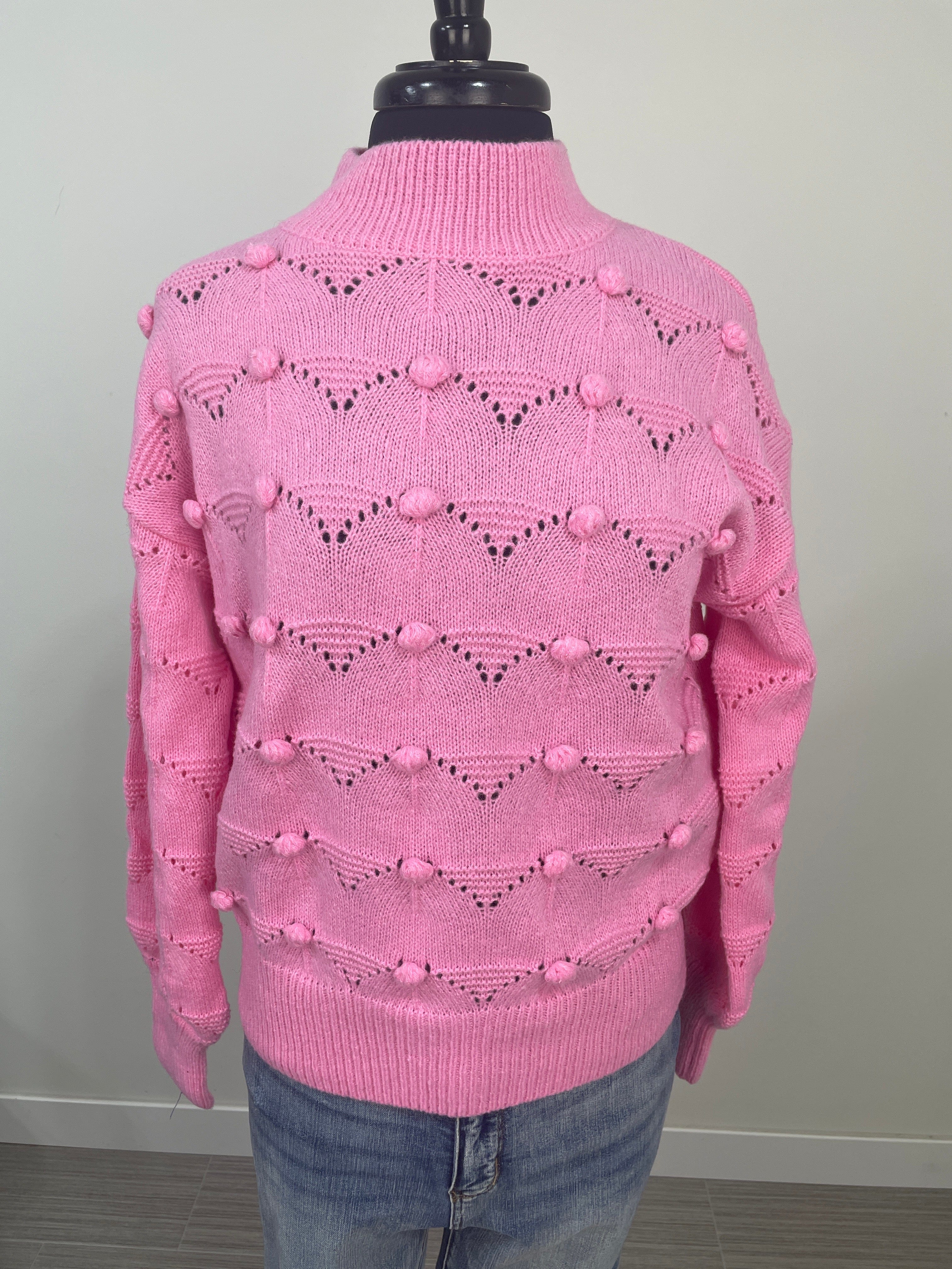 Pink Pom Detail Knit Pullover Sweater