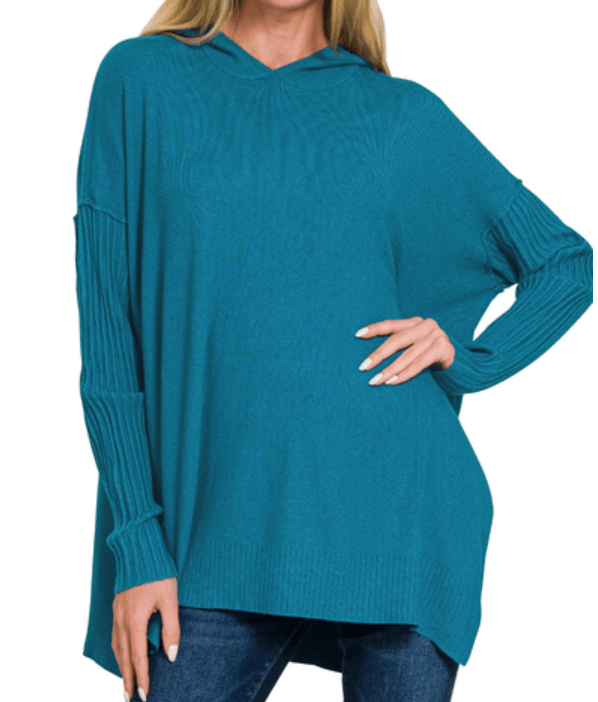 Heather Ocean Teal Hooded Ribbed Sleeve Sweater