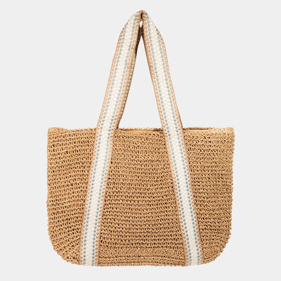 Embroidered Strap Straw Knit Tote Bag