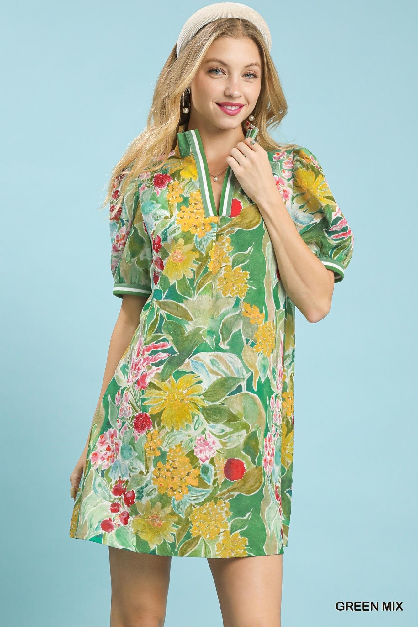 Green Mix Jacquard Bloomscape Mini Dress