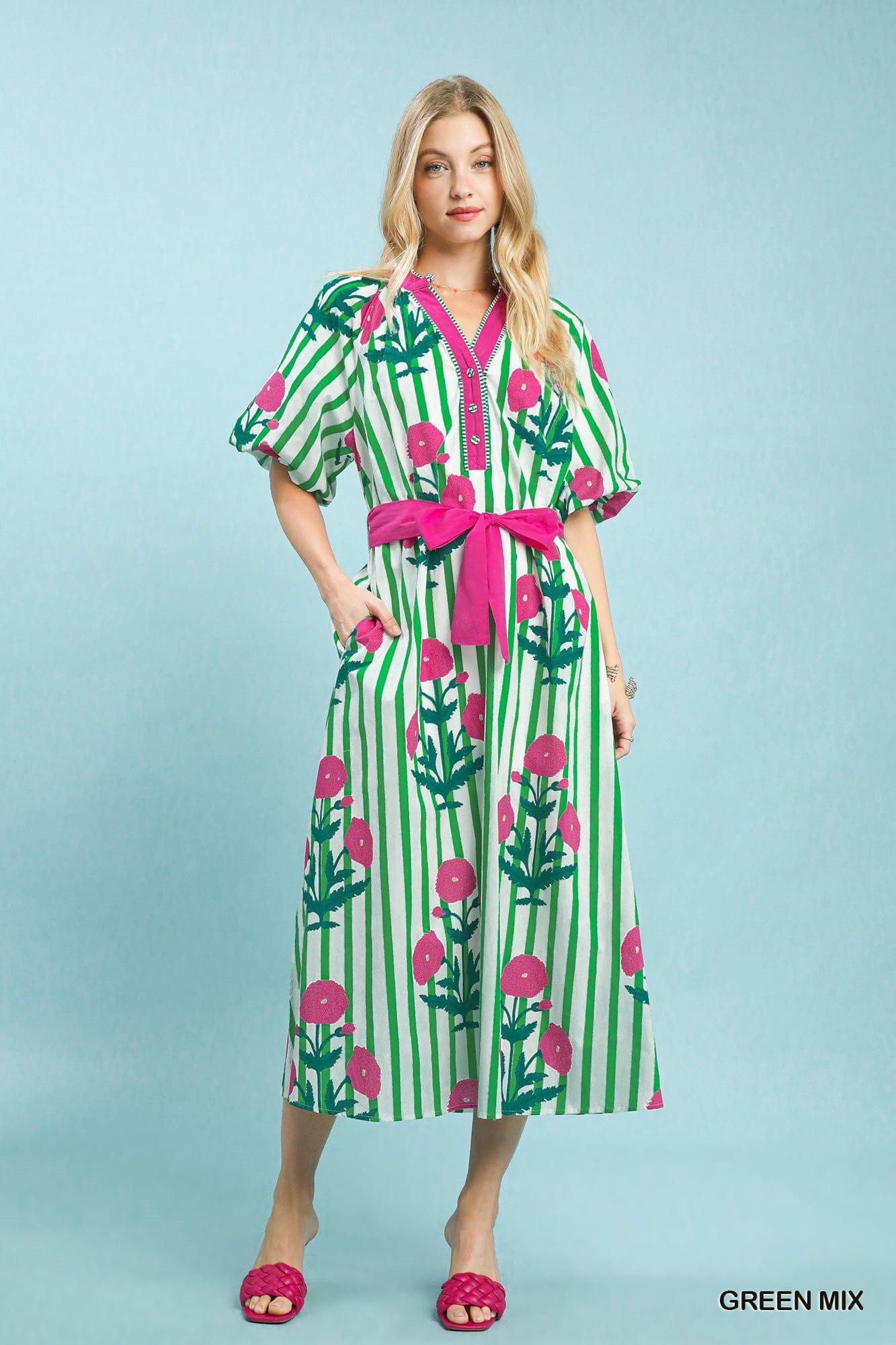 Green Stripe Floral Print Collared Max Dress