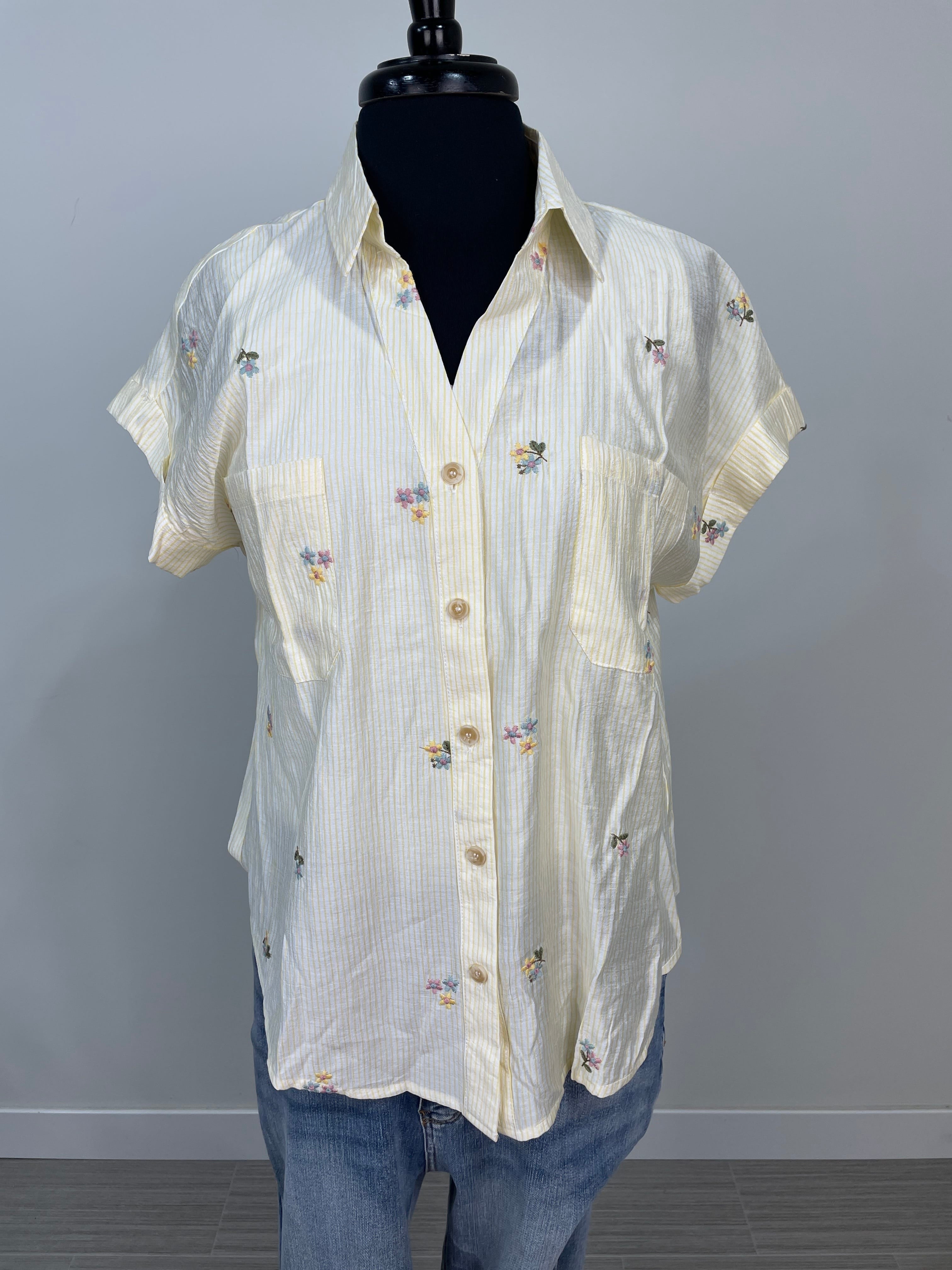 Light Yellow Stripe Floral Embroidered Top