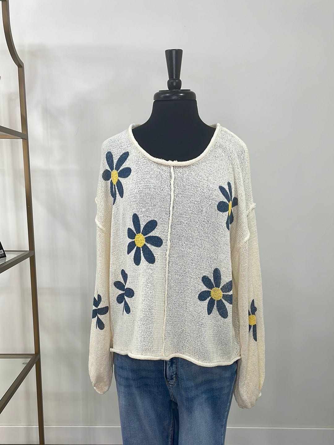 Cream with Blue Daisy Sweater