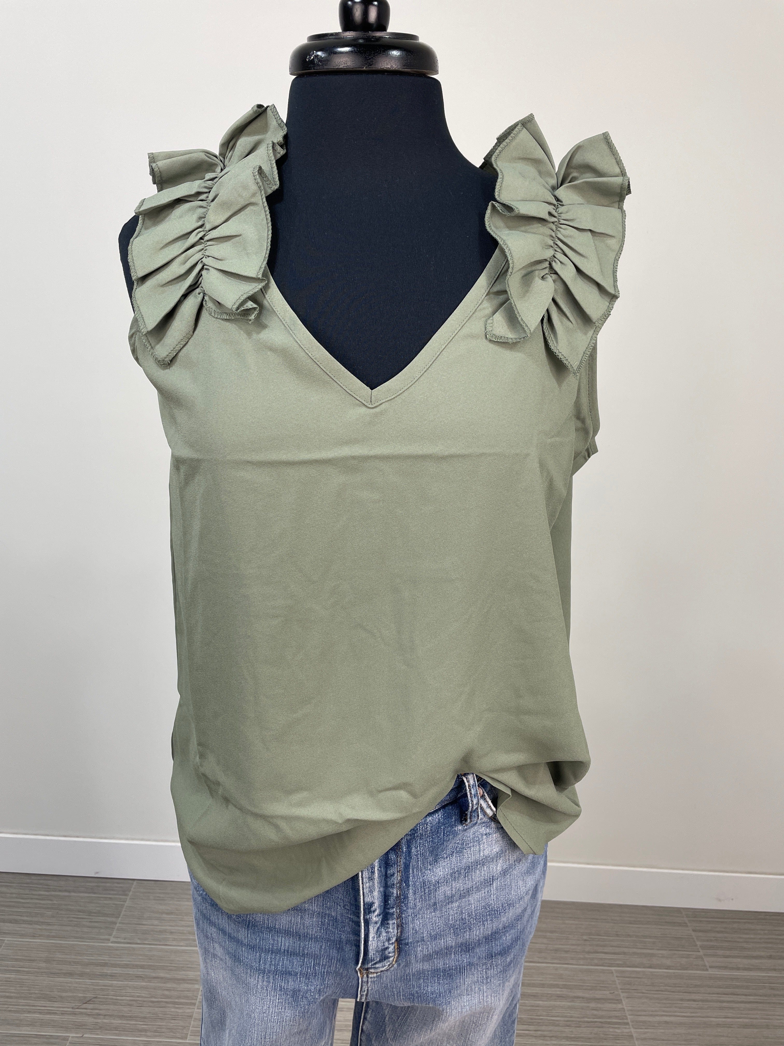 Light Olive Ruffle Detail Tank