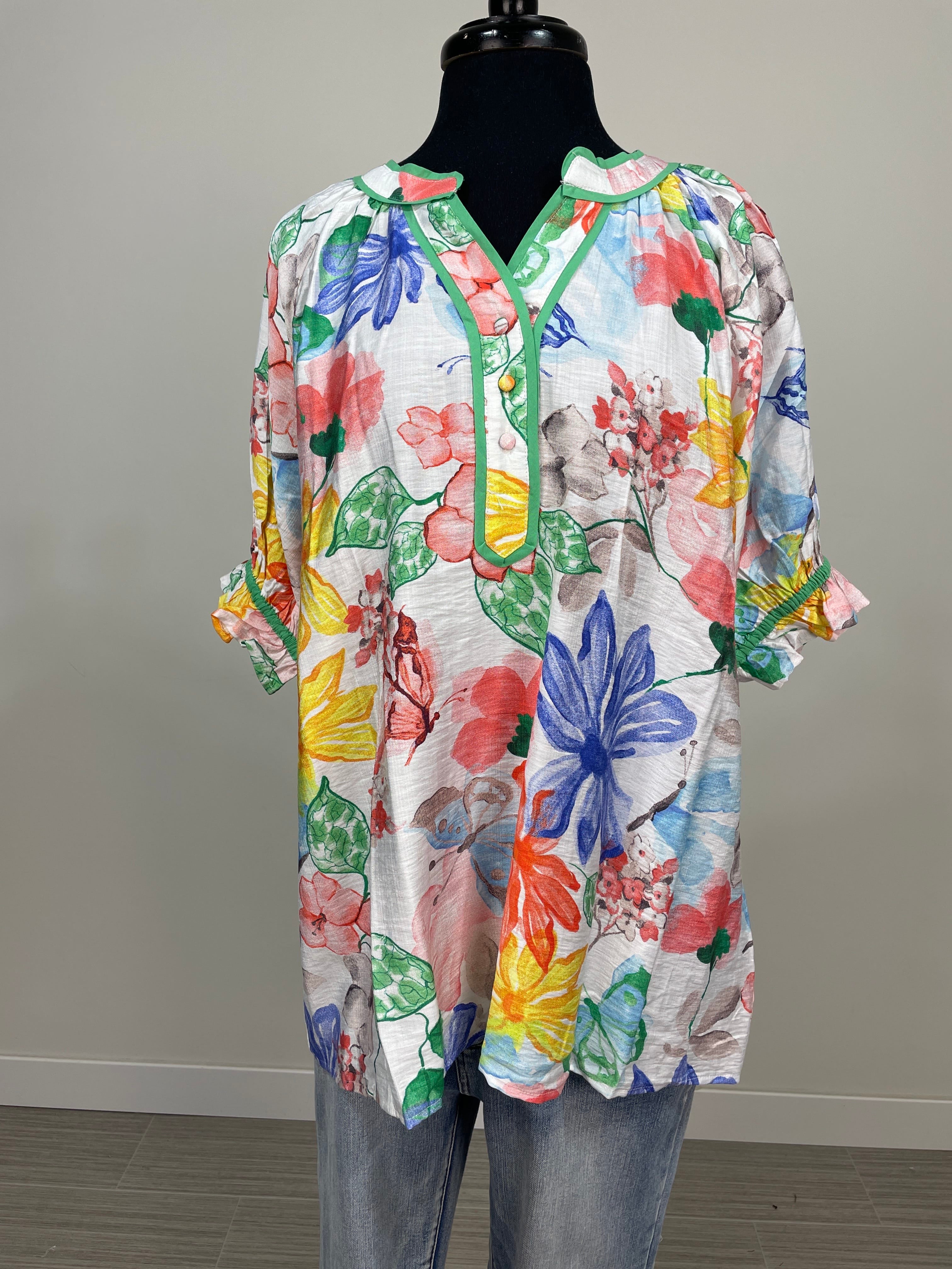 Green Mix Watercolor Floral Print Top