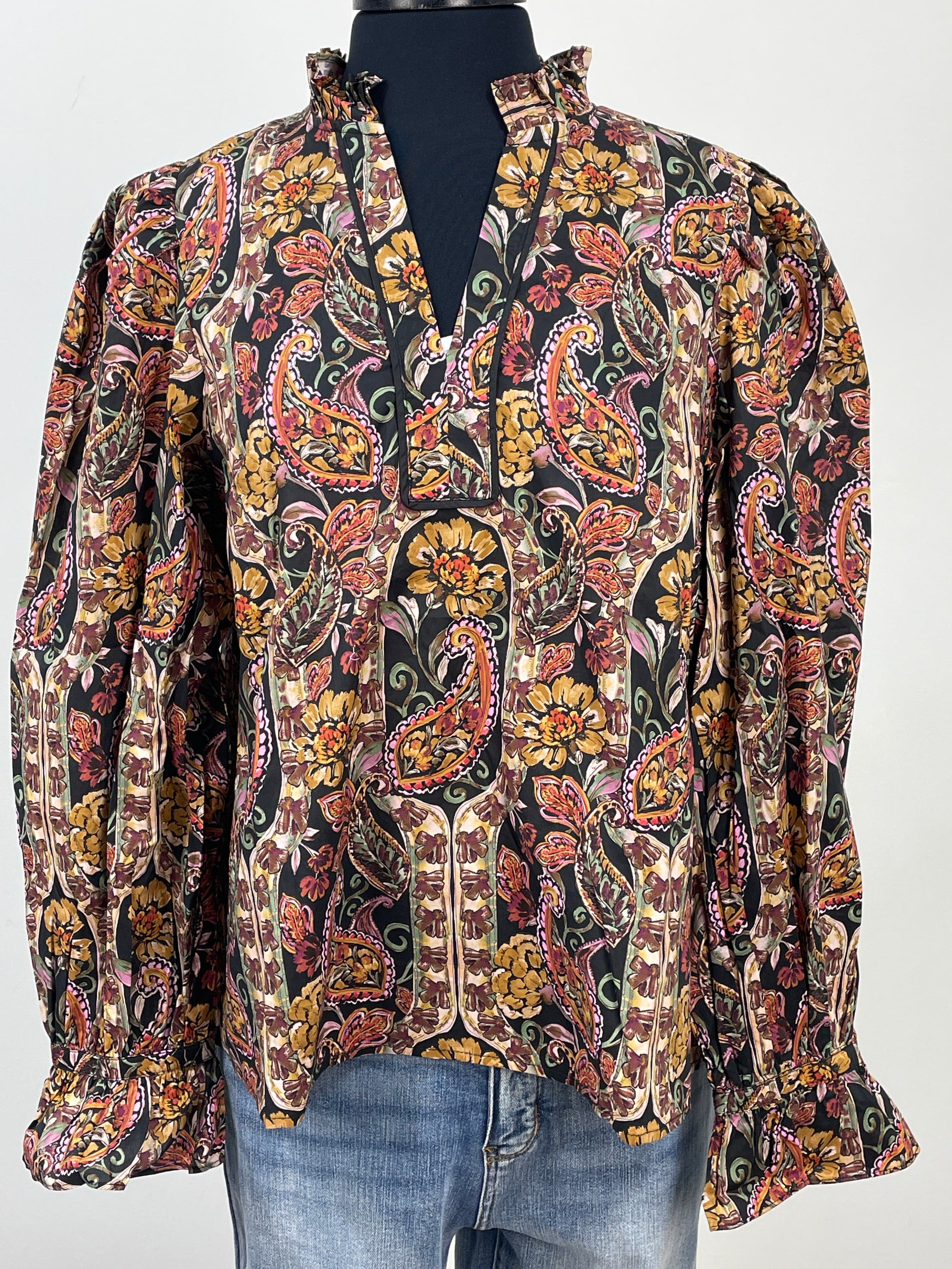 Black & Pink Paisley Print Split Neck Blouse