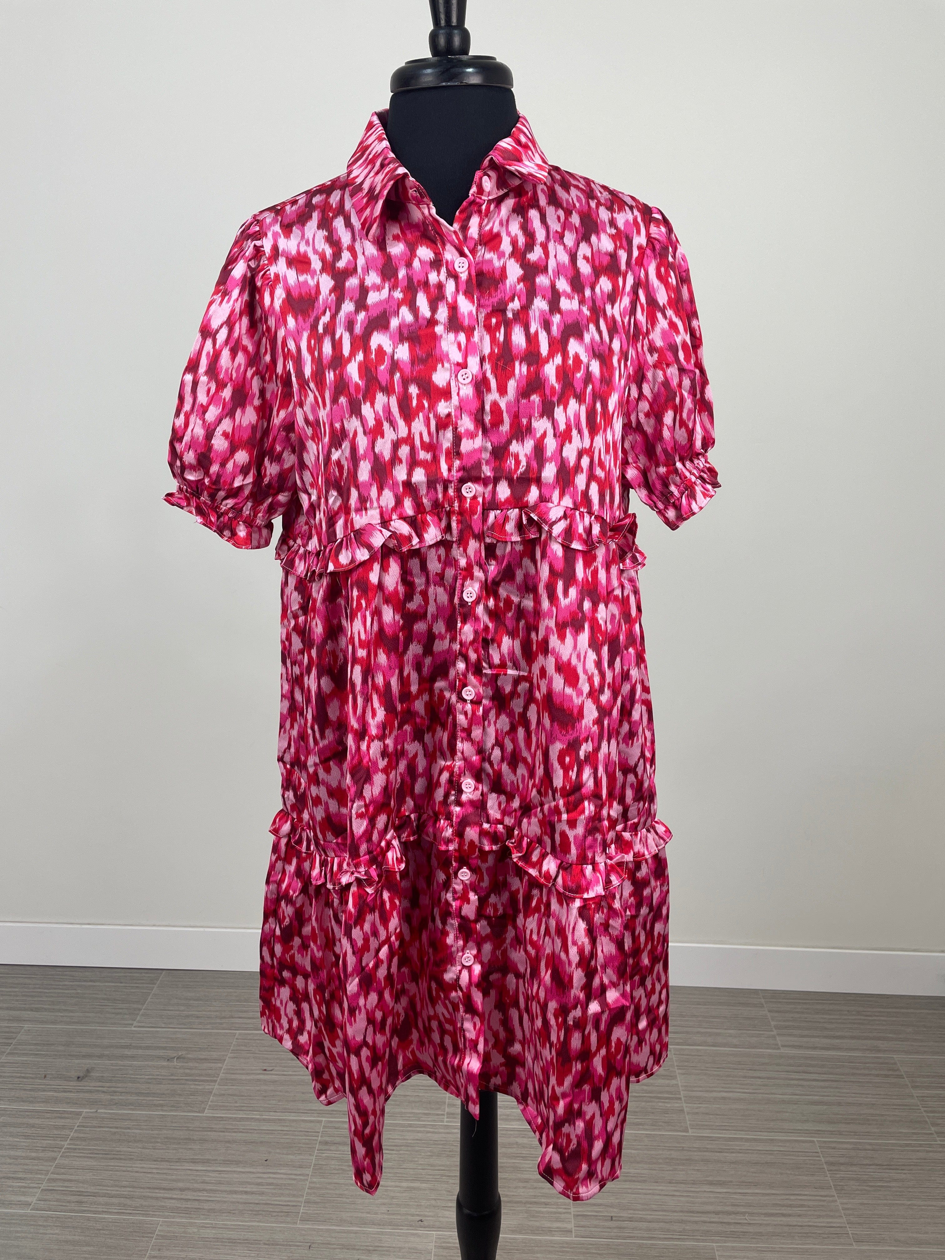 Hot Pink Patterned Tiered Dress