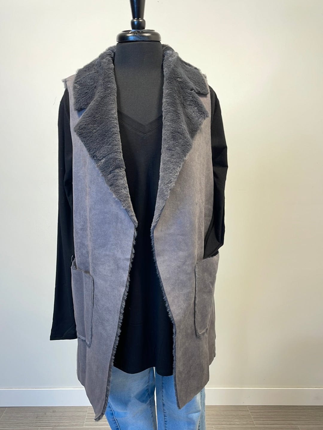Charcoal Faux Suede Fur Vest