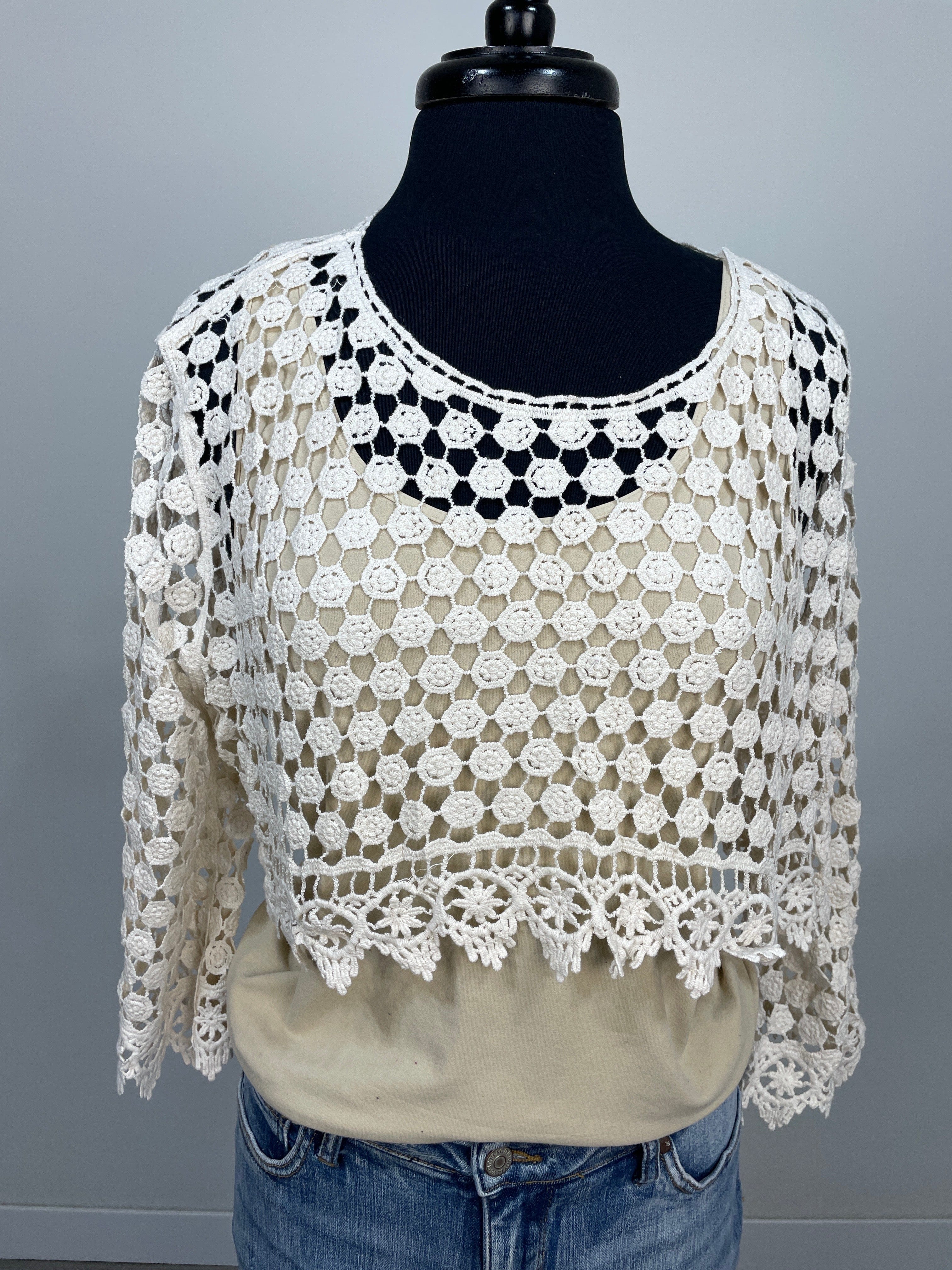 Beige Long Sleeve Crochet Cropped Top