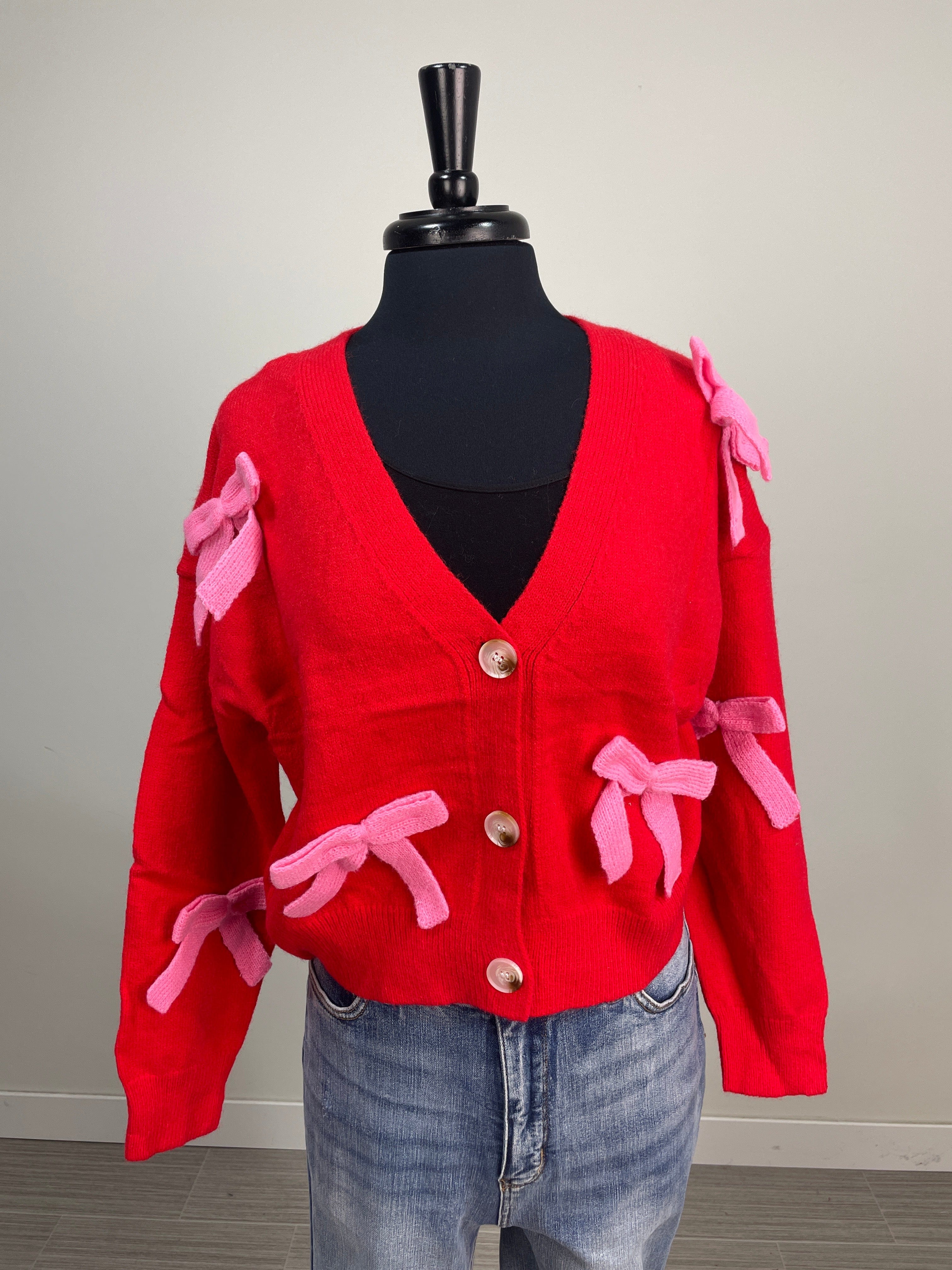Red Cardigan with Hot Pink Bows