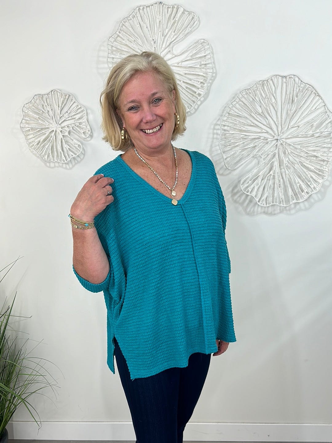 Teal Hi-Low Jacquard Sweater