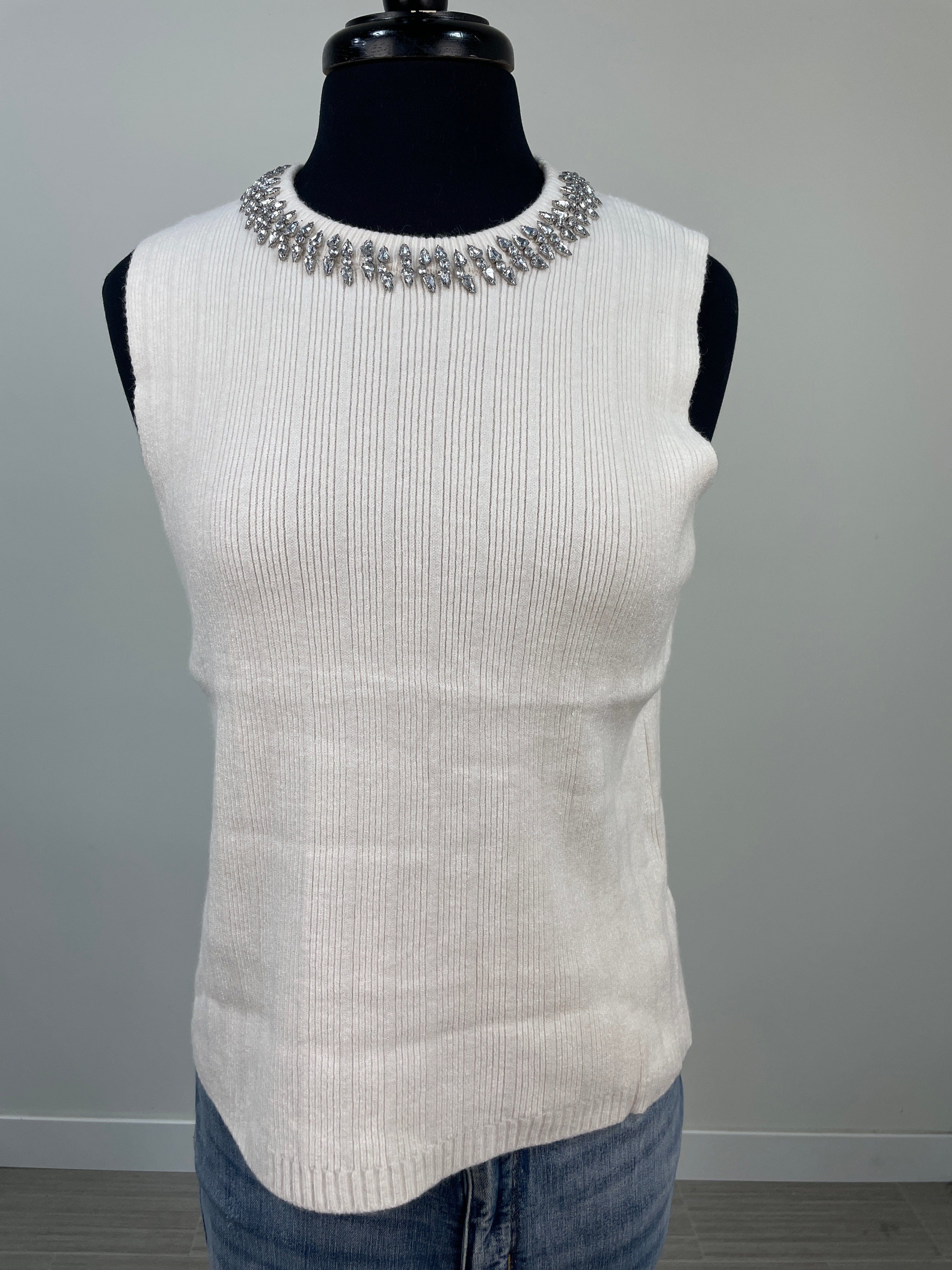 Ivory Rhinestone Neck Sweater Tank