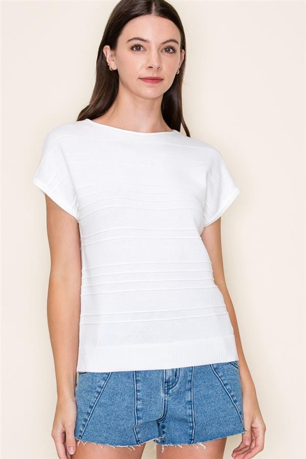 Ivory Pintucked Stripe Short Sleeve Sweater