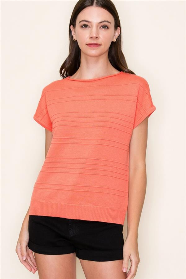 Orange Pintucked Stripe Short Sleeve Sweater