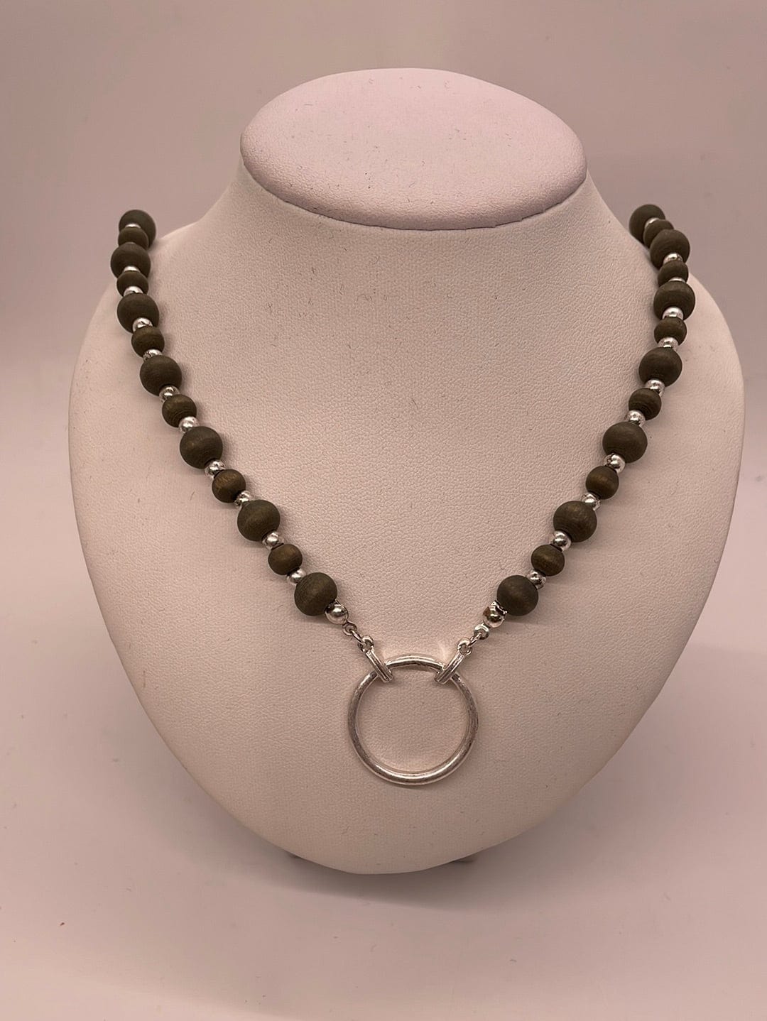Gray Wood Bead & Gold Circle Necklace