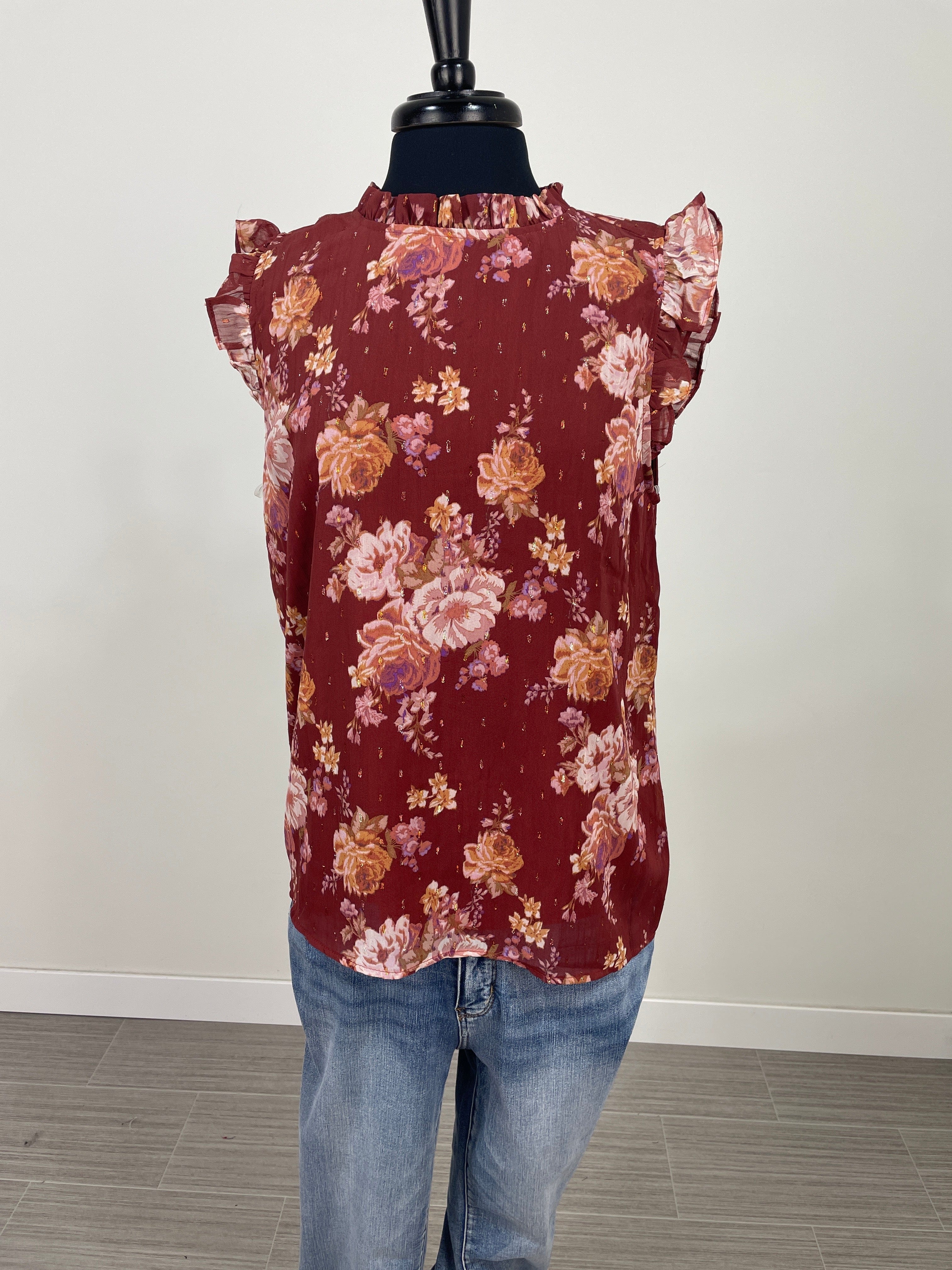 Dark Marsala Floral Sleeveless Top
