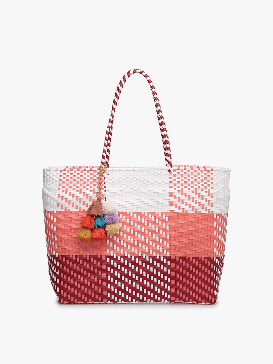 Shelby Large Handwoven Tote w/ Pom-Poms: Plaid-Pink/White