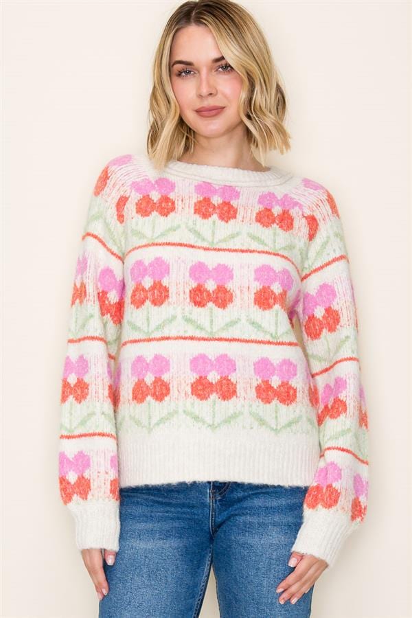 Pink & Orange Floral Jacquard Sweater
