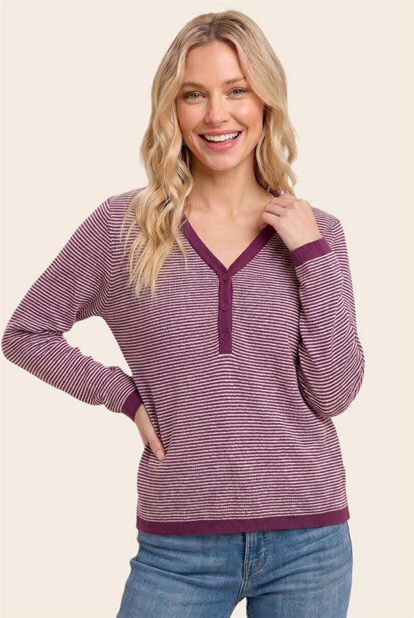 Plum Striped Henley Waffle Knit Sweater