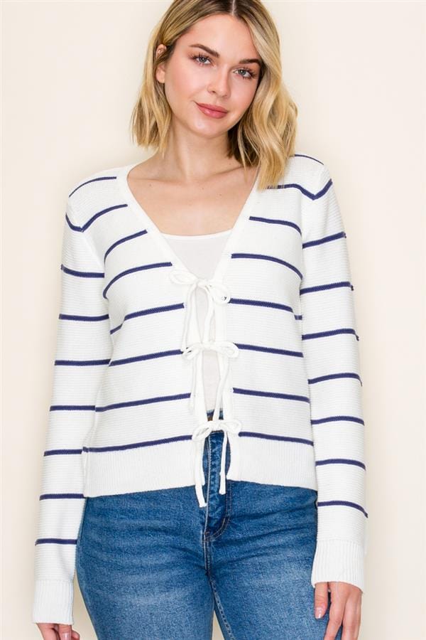 Ivory & Navy Stripe Bow Tie Front Cardigan