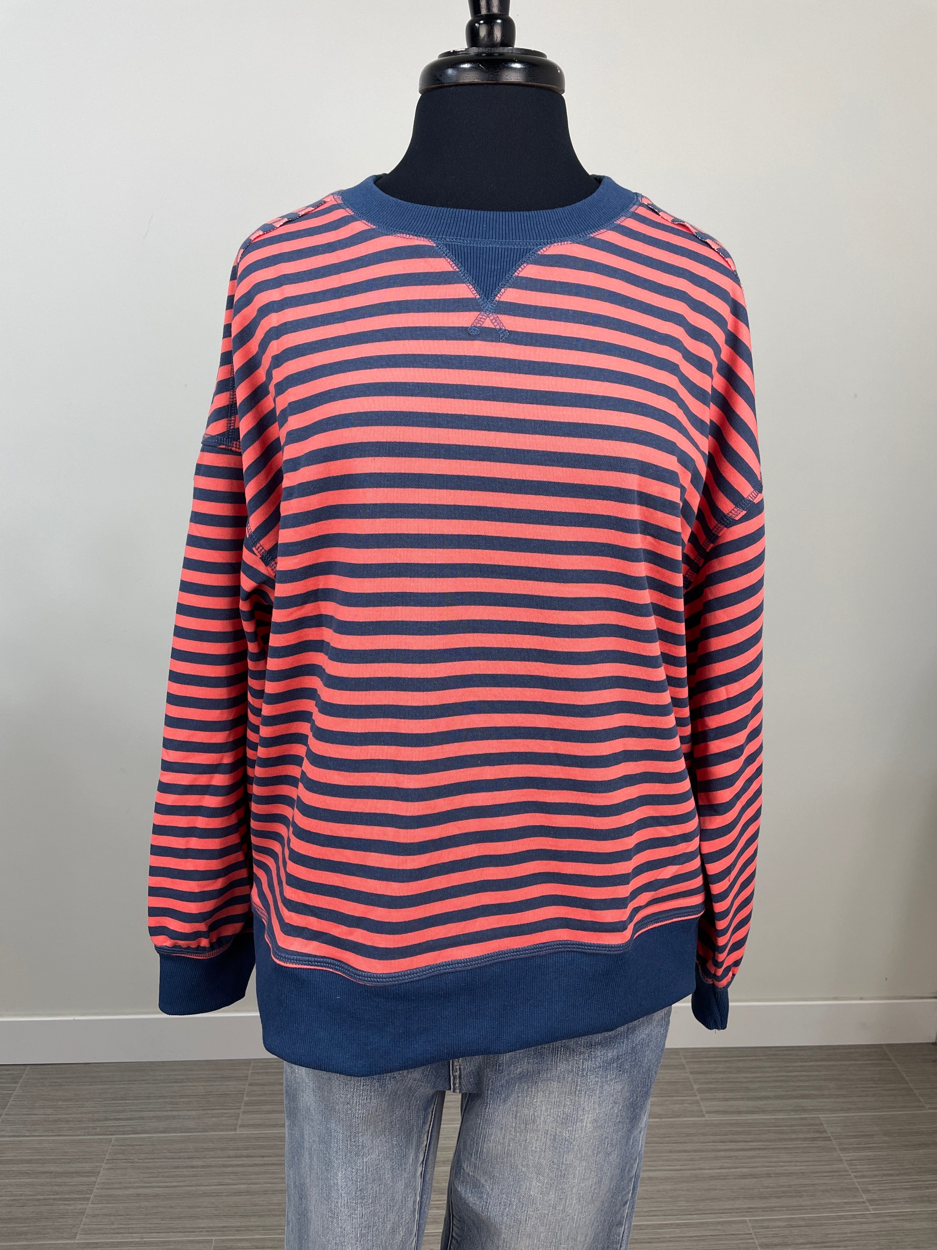 Coral & Navy Stripe Pullover