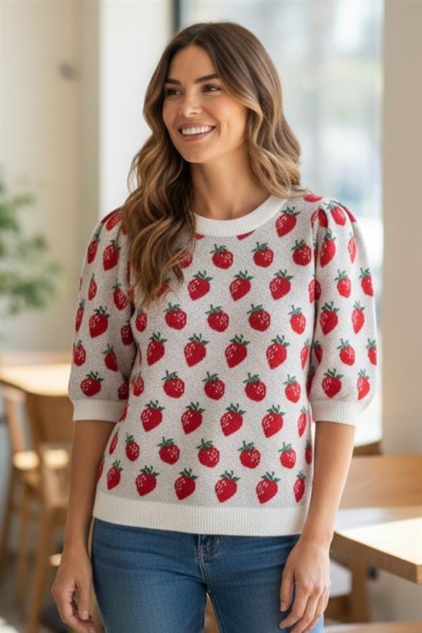 Ivory Strawberry Puff Sleeve Sweater