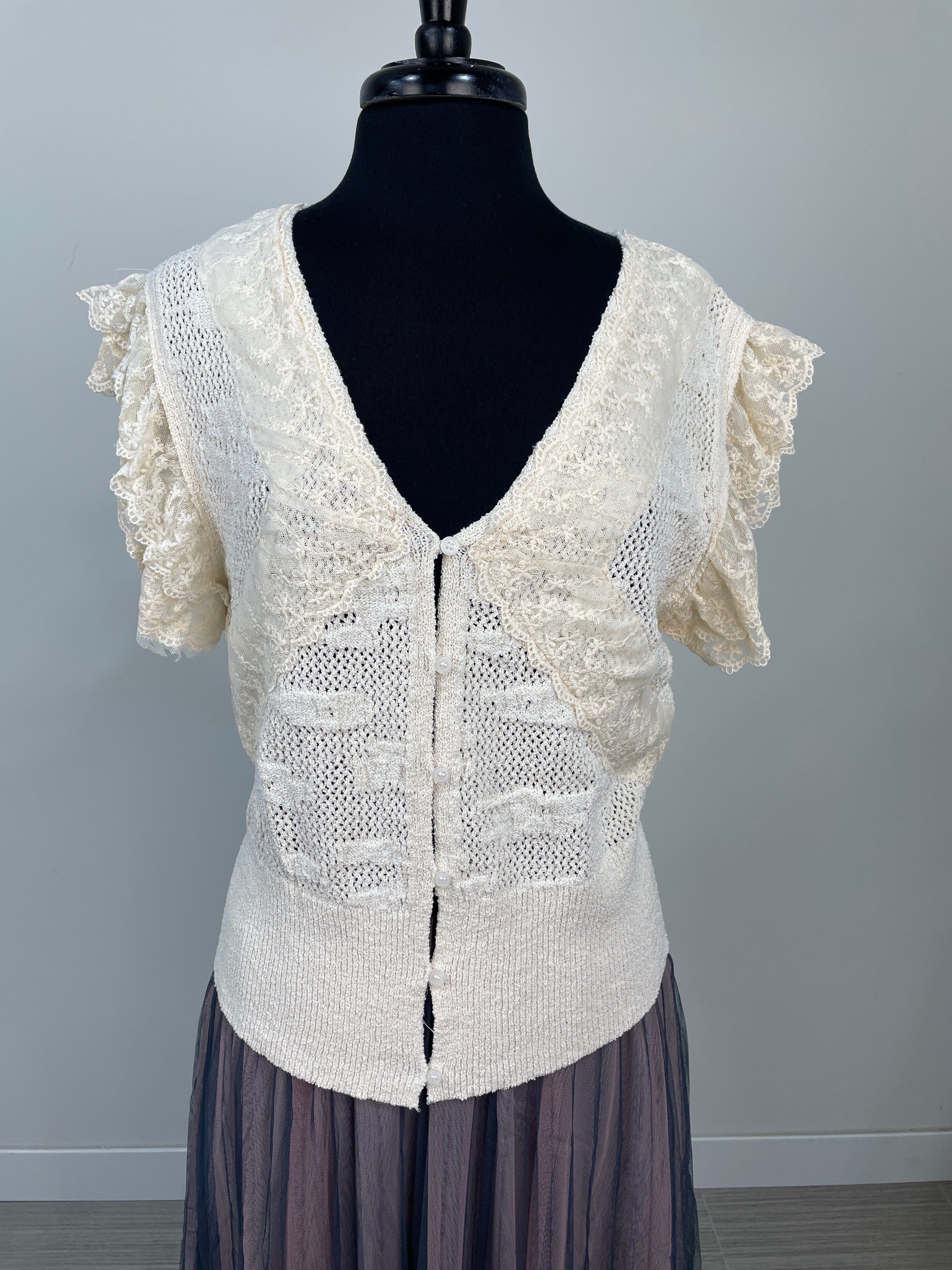 Cream Lace Trimmed Sweater Cardigan