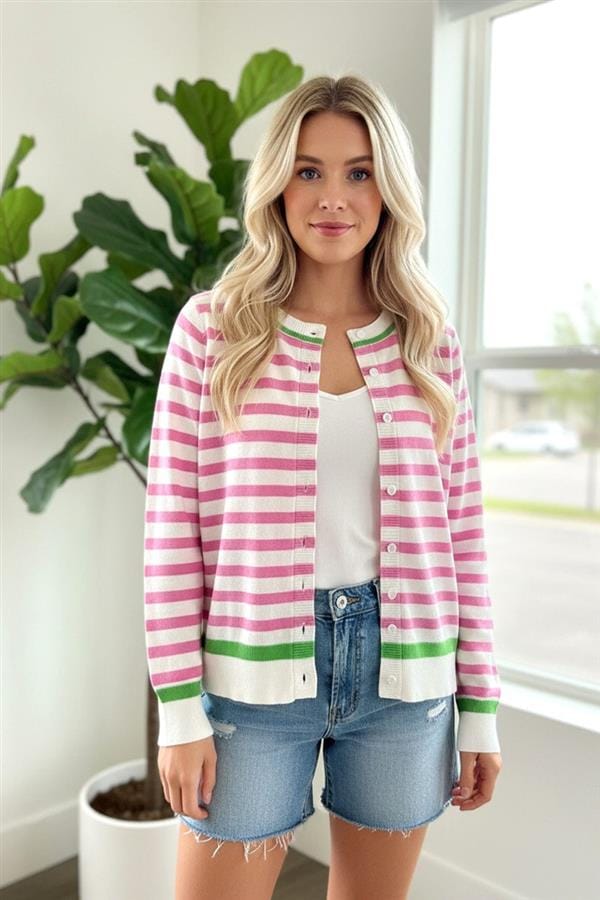 Pink Striped Button Down Cardigan