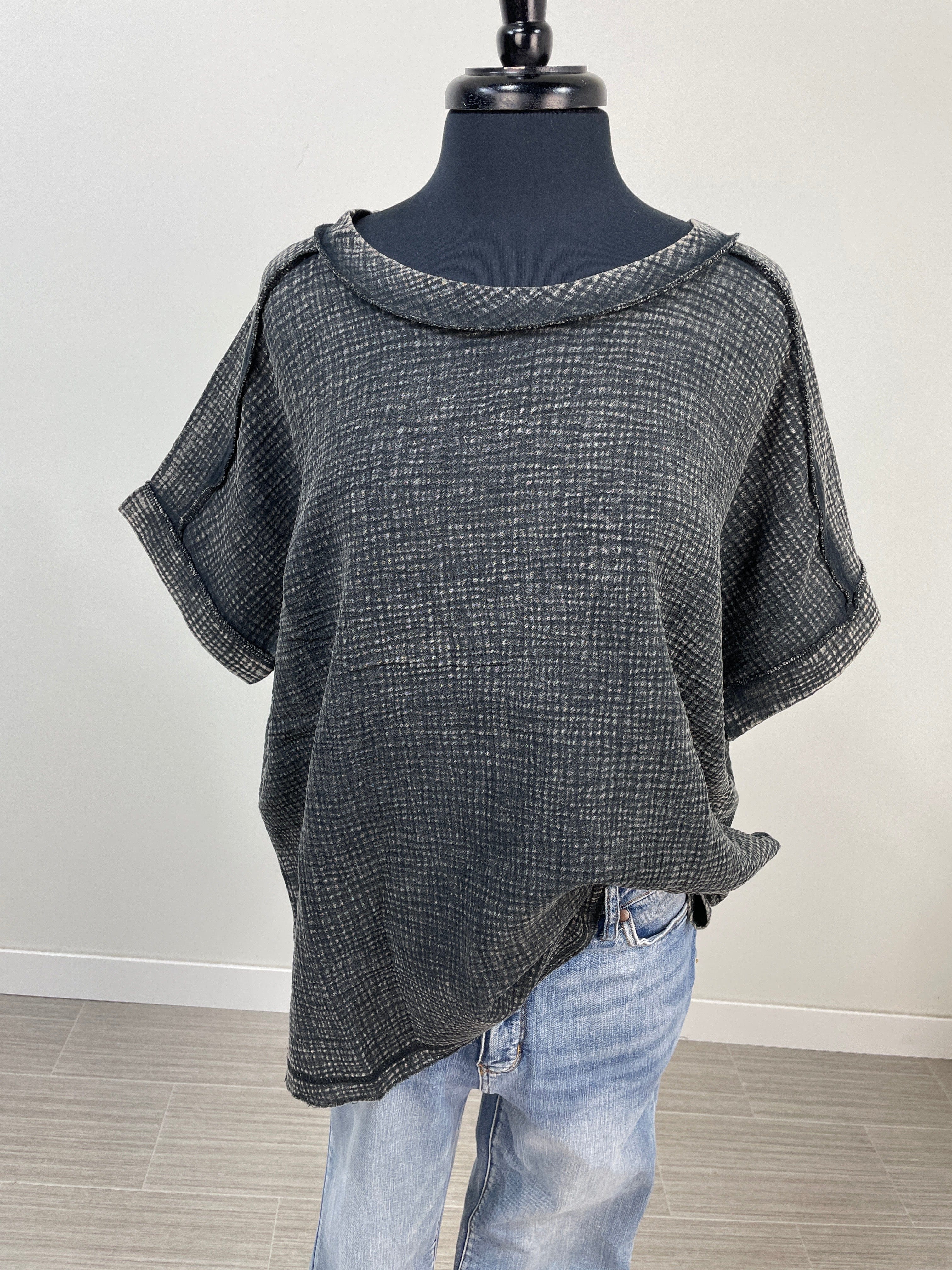 Ash Black Acid Wash Gauze Cuffed Tee