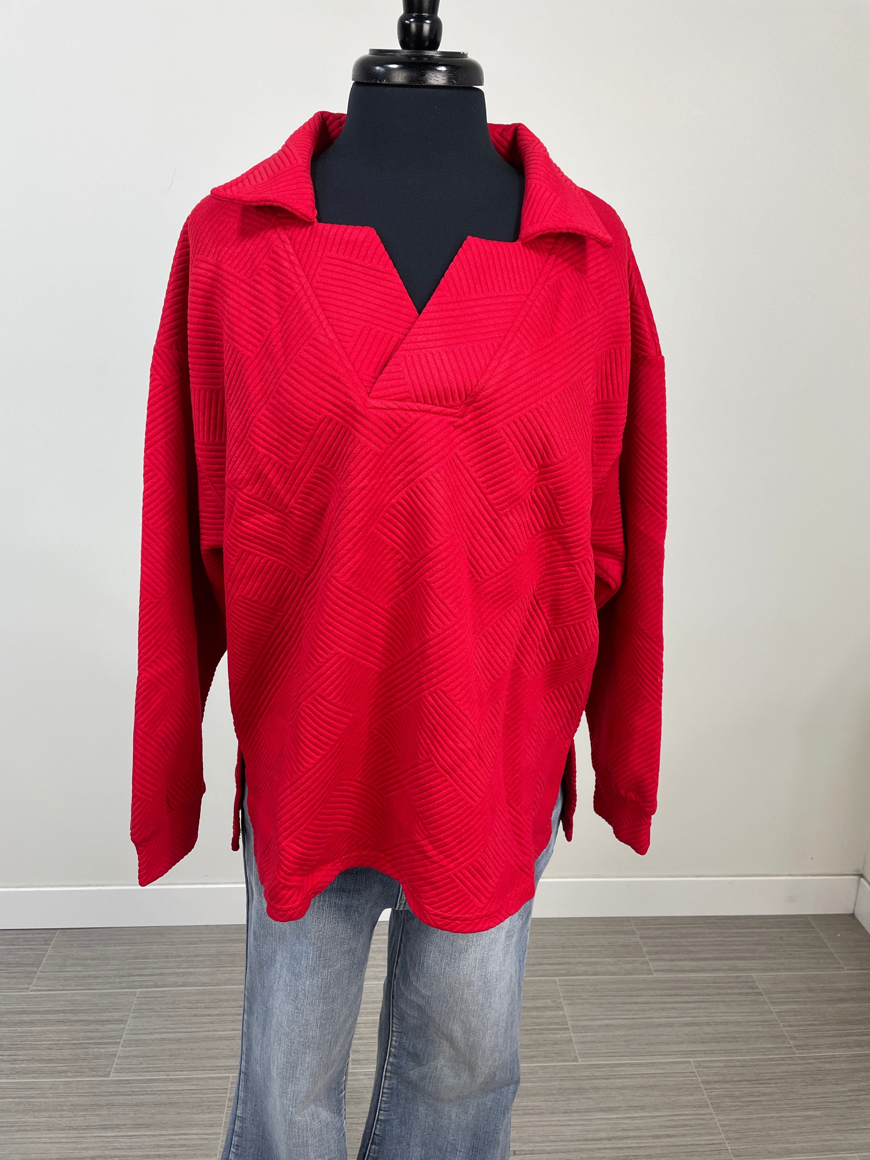 Red Textured Collared Top